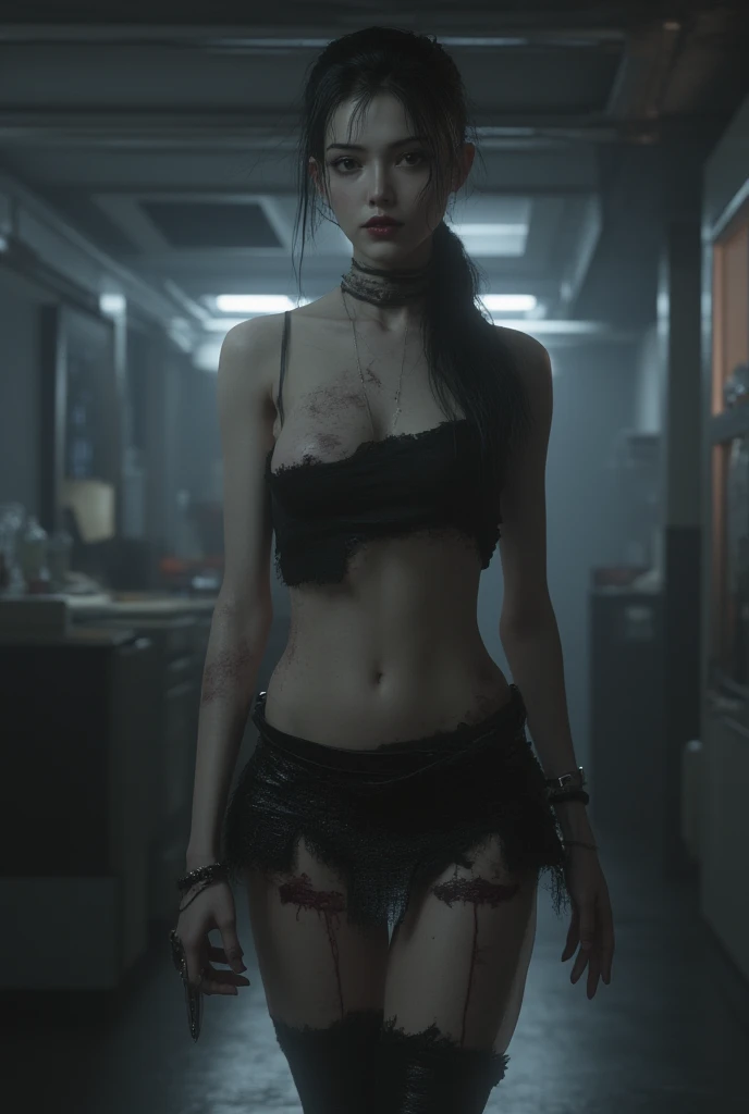 a woman, very thin body, visible bones, extremely slender, sweaty wet pale skin, panties, bra, full body tattoos, mental breakdown in underground prison, (best quality,4k,8k,highres,masterpiece:1.2),ultra-detailed,(realistic,photorealistic,photo-realistic:1.37),HDR,UHD,studio lighting,ultra-fine painting,sharp focus,physically-based rendering,extreme detail description,professional,vivid colors,bokeh,horror,dark,moody,dramatic lighting
