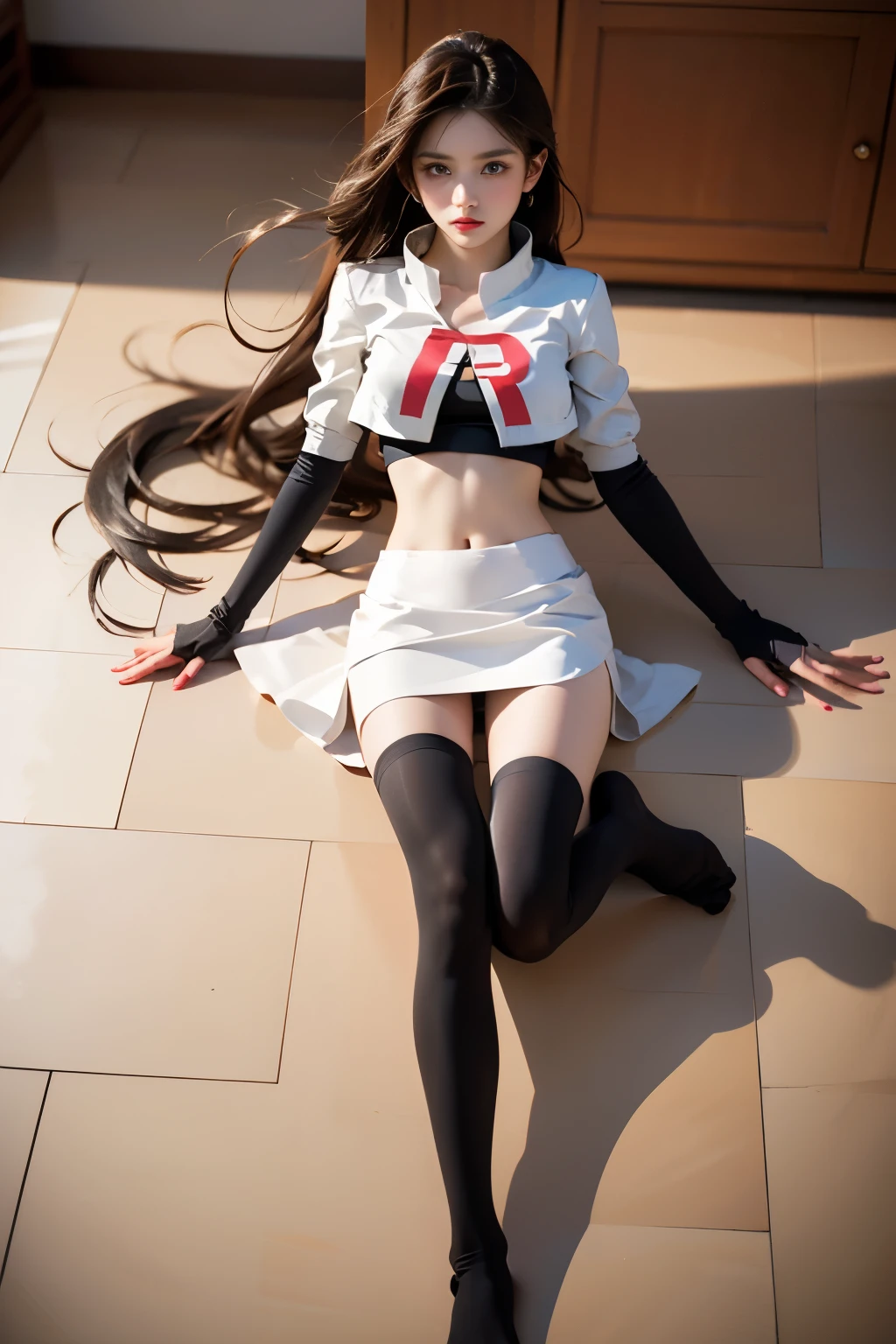 (RAW photo: 1.2), top quality, beautiful detailed girl, bunny girl, from below, squatting, M-shaped legs open, highly detailed eyes and face, beautiful detailed eyes, huge file size, high resolution, 8k wallpaper, fine detail, highly detailed ticker uniform 8k wallpaper, light on face, movie lighting, 16 year old girl, sexy pose, (photorealism: 1.4), Illustration, Surrealism, Super Detail, Masterpiece, Bunny, Fishnet Pantyhose @Perfect Girl A