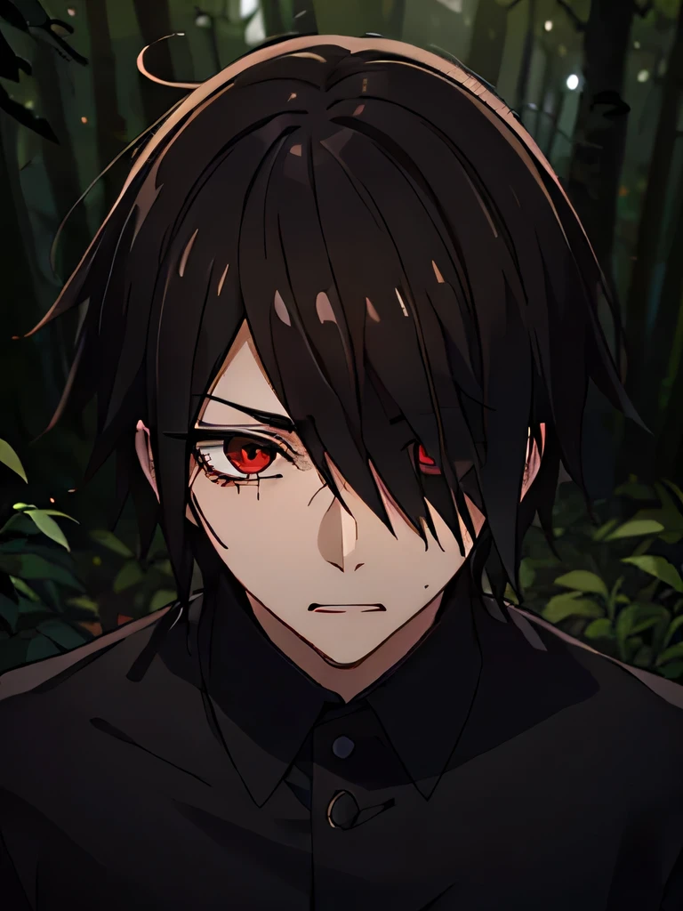   old male, indonesian , love to be alone , cowo cool,  Ambitious ,  low sense of empathy,  black hair ,  red eyeballs ,  using a black camshirt and black blazer, strong , have canines, lazy eye, hair covering next to the eyes,   forest background