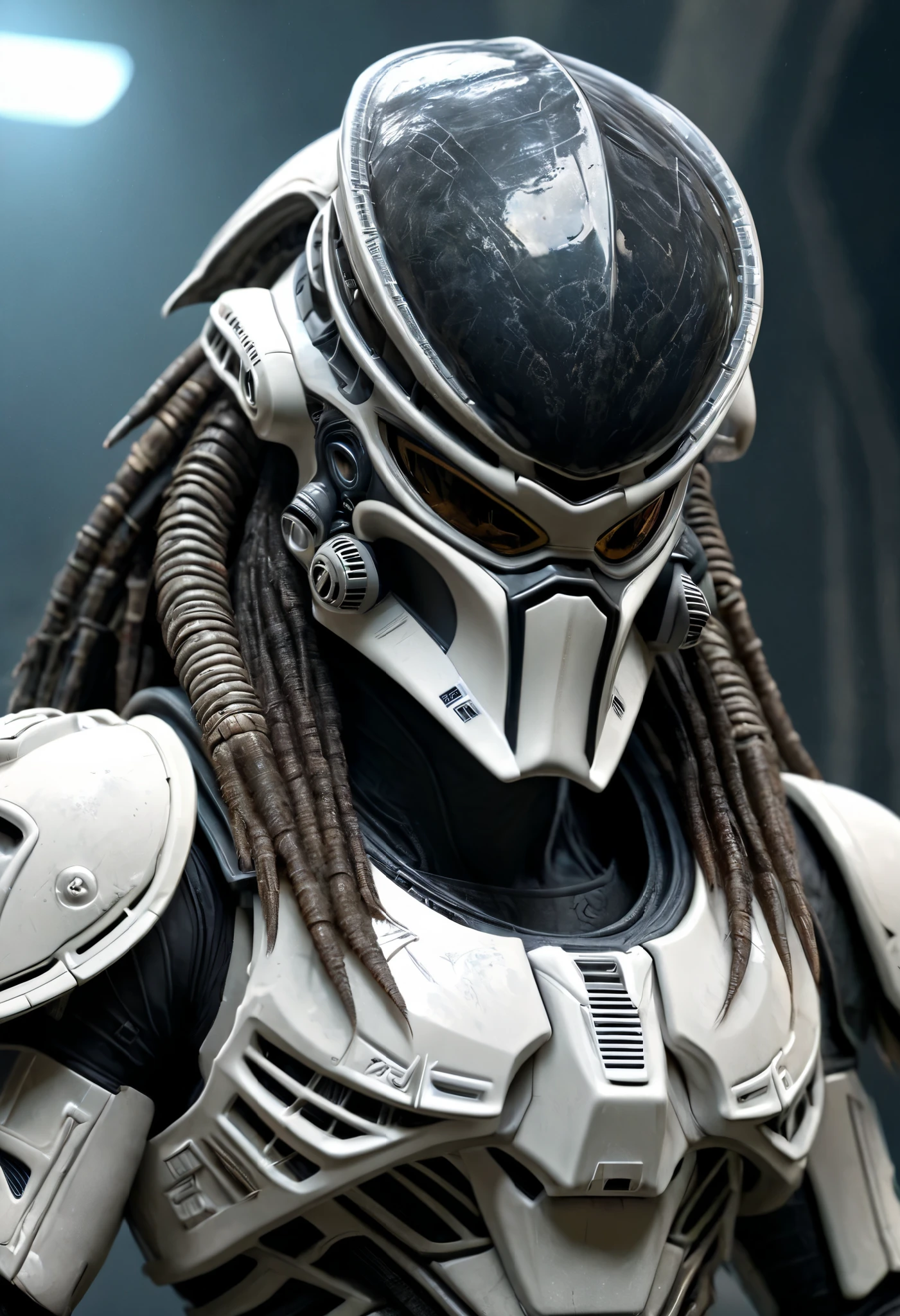alien predator , alien predator wearing stormtrooper armor clothing, (ArtStation:1.1), (intricate:1.1), ( great eye detail :0.7), Alone, eyes, looking at the viewer, photorealistic, 8k, unreal engine, inspired by HR Giger , Half-Length Portrait, extremely detailed,