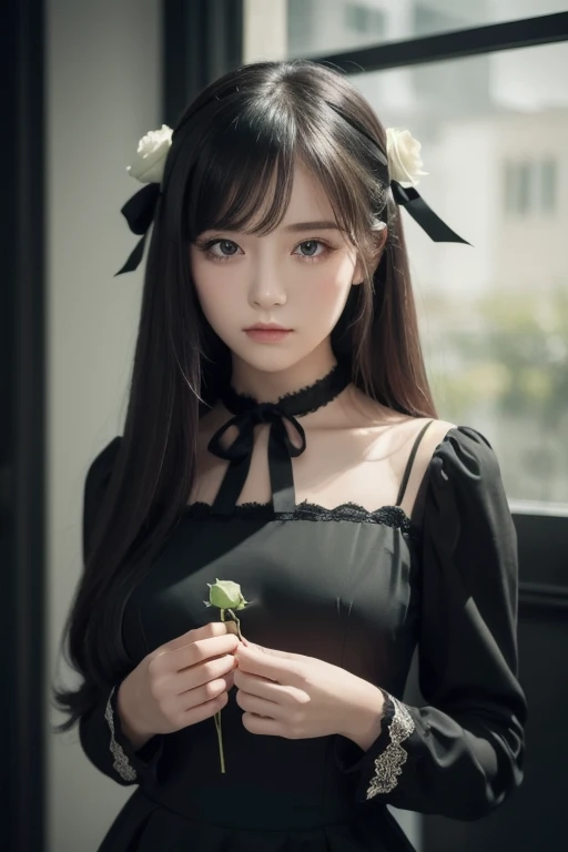 one girl High quality white skin model standing tiny panties black hair ponytail see-through summer dress delicate body