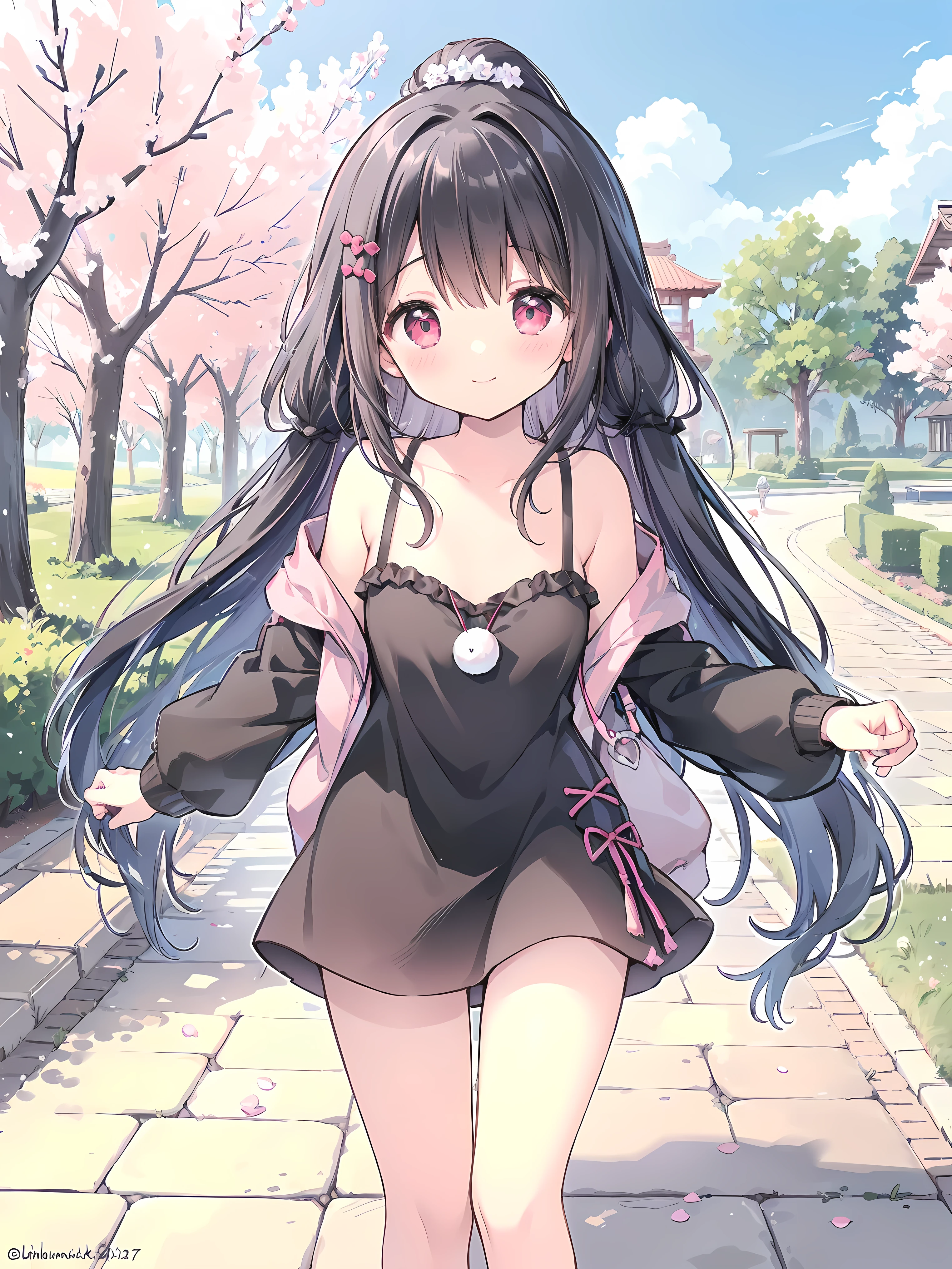 highest quality、best image quality、beautiful eyes、very delicate and beautiful、beautiful eyes、pink eyes、I、I、11 year old girl、Japanese、、Chiquita、Noble、primary school student、black hair、barefoot、(((pink leotard)))、(High leg)、tiara on head、dull smile、standing and facing forward、The background is a row of cherry blossom trees