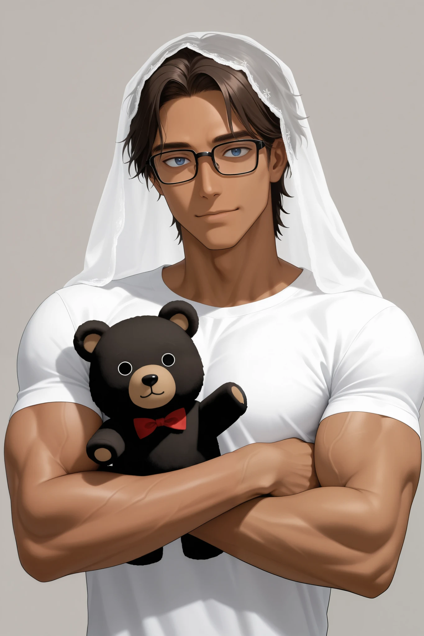 Male , Late age , , 23 years old , Long, mullet hair with a small veil in front of the eyes. , dark brown hair , Midnight blue eyes , Tanned , is a bear puppet with muscles, arms and chest , wearing a white shirt , wearing rectangular glasses framed in black gold. , , slightly smiling face , Be a human , No bear ears , alone