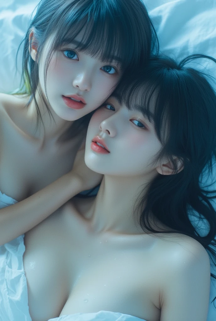 （and soul）、（secondary mysterious、Pisces、1 girl、blue hair、hair length、((French Twist))、blue eyes、gradient eyes、sparkling eyes、bright eyes、finely tuned、expressive eyes、naked, topless, tight breast, ripe breast, nude, lesbian, upper part of body、gem、blue lighting、blue theme、（shape：1.5）、abstract、highest quality、Super detailed、(((hug and kiss the girl)))、