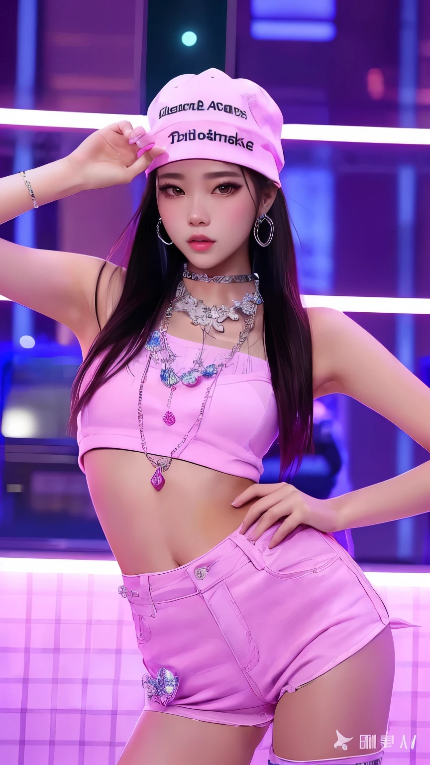 best quality, masterpiece, sleeveless tee, Tight, belly button exposed, H-shaped skirt that reveals more than 10cm above the knees, High heels that are very flashy and have a heel of more than 7 cm., large, colorful necklace, large and colorful earrings, large and colorful bracelets, Stockings with colorful and unconventional colors and patterns, Underwear with flashy and unconventional colors, patterns and shapes