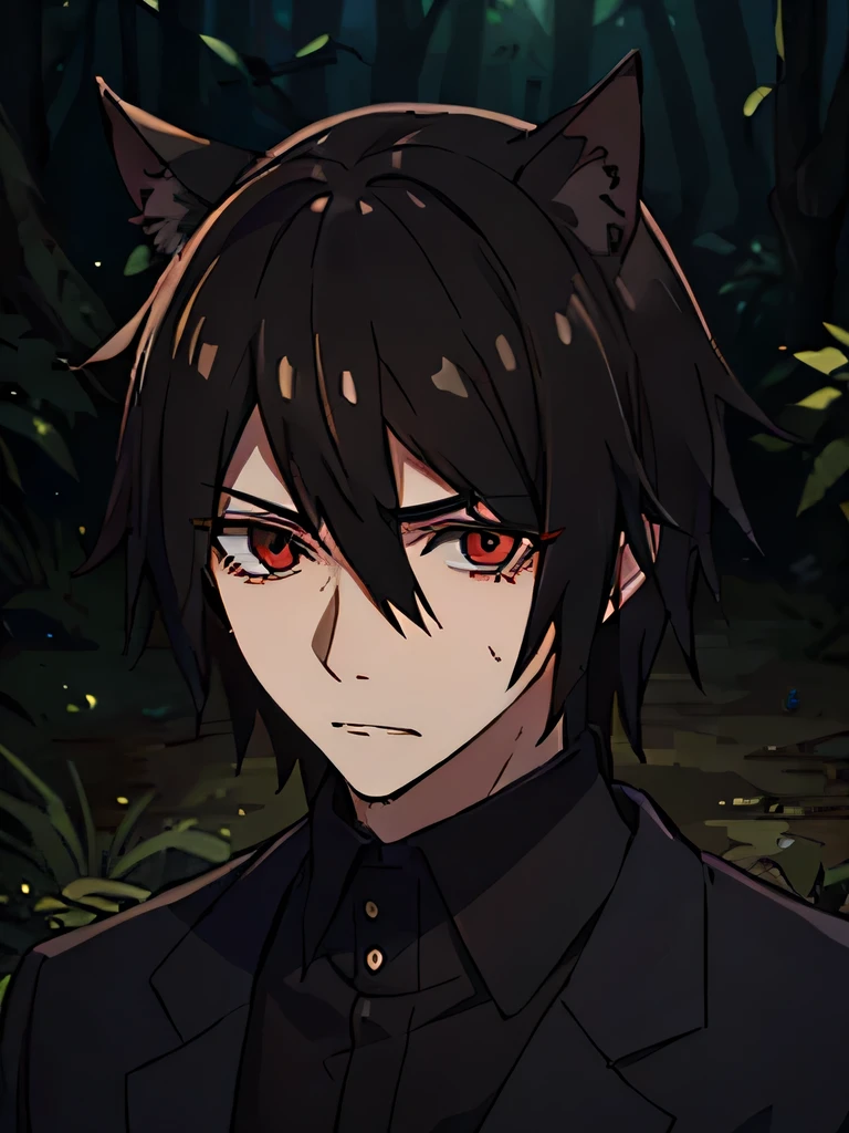old male, indonesian , love to be alone , cowo cool, Ambitious , low sense of empathy, black hair , red eyeballs , using a black camshirt and black blazer, strong , have canines, lazy eye, hair covering next to the eyes, forest background, has bat ears