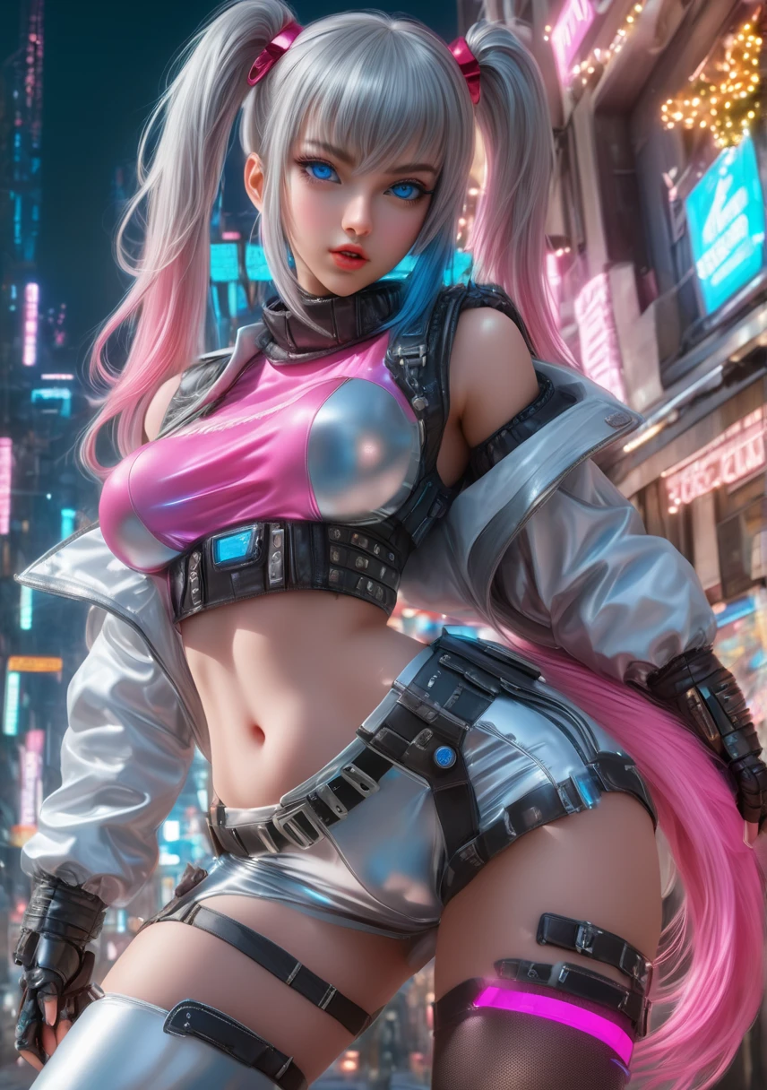 (Masterpiece, Best Quality), 8k Wallpaper, highly detailed, cute anime girl, science fiction, wearing hot pink, white hair, two pony tails, style of frank frazetta.