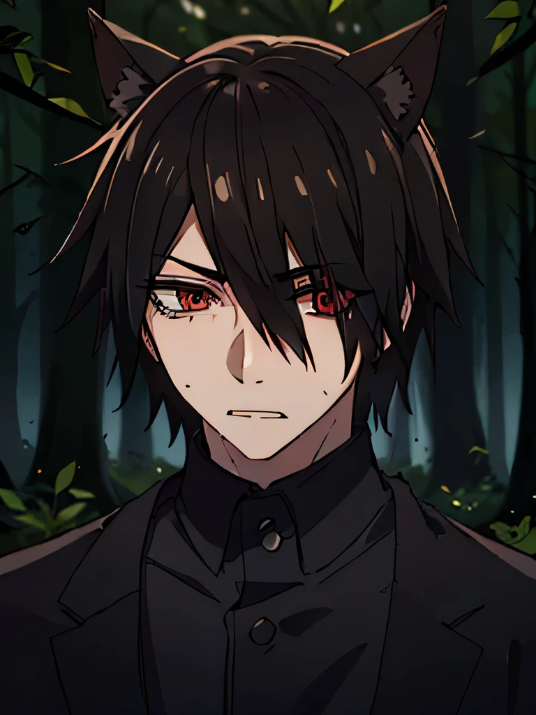 old male, indonesian , love to be alone , cowo cool, Ambitious , low sense of empathy, black hair , red eyeballs , using a black camshirt and black blazer, strong , have canines, lazy eye, hair covering next to the eyes, forest background, has bat ears