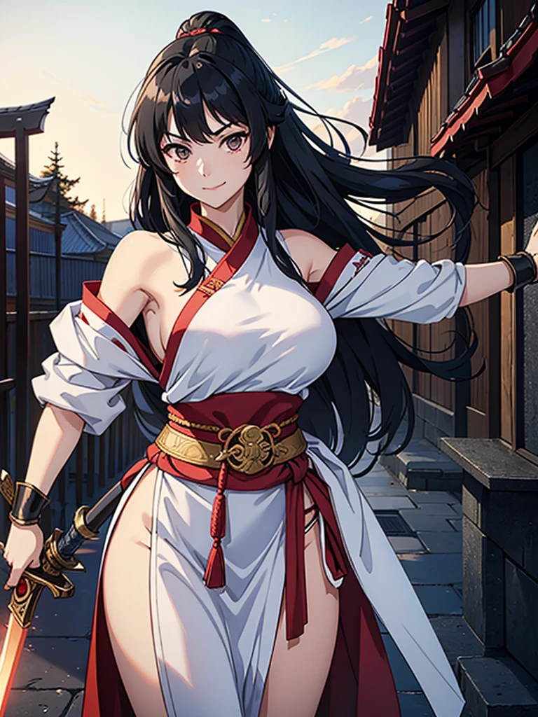 masterpiece, best quality, Kagome Higurashi, 25 years old, matured face, beautiful detailed eyes, ultra detailed eyes, extremely detailed face, large breasts, cleavage, very busty, big hips, strong muscles, athletic physique, She stands tall while wearing a short green kimono. she's looking directly at the camera with an confident smirk. Her gaze is both alluring and fierce as she is in a fighting stance. cowboy shot, Perfect Anatomy,(Professional Lighting), 4k textures, epic artistic, sharp focus, even lighting, insane details, intricate details, hyperdetailed, rich colors, BREAK Outdoors, forest, Japanese architecture in the background
