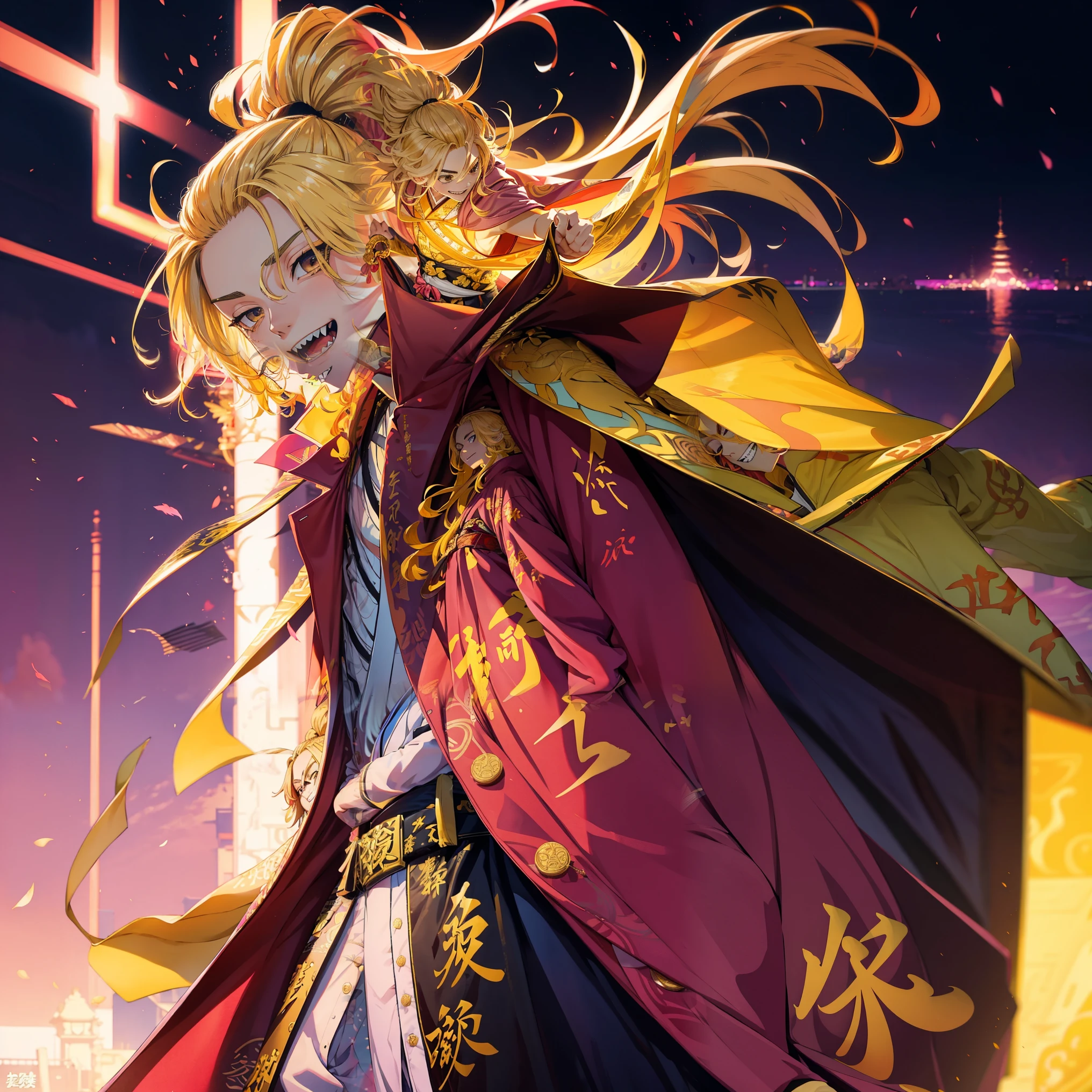 An anime boy with yellow hair, braided into a long ponytail, and also with wavy bangs. Stands with a smile with sharp teeth. Dressed in a pink cloak-coat with inscriptions in Japanese, a bōsōzoku uniform.
Tokyo revengers oc