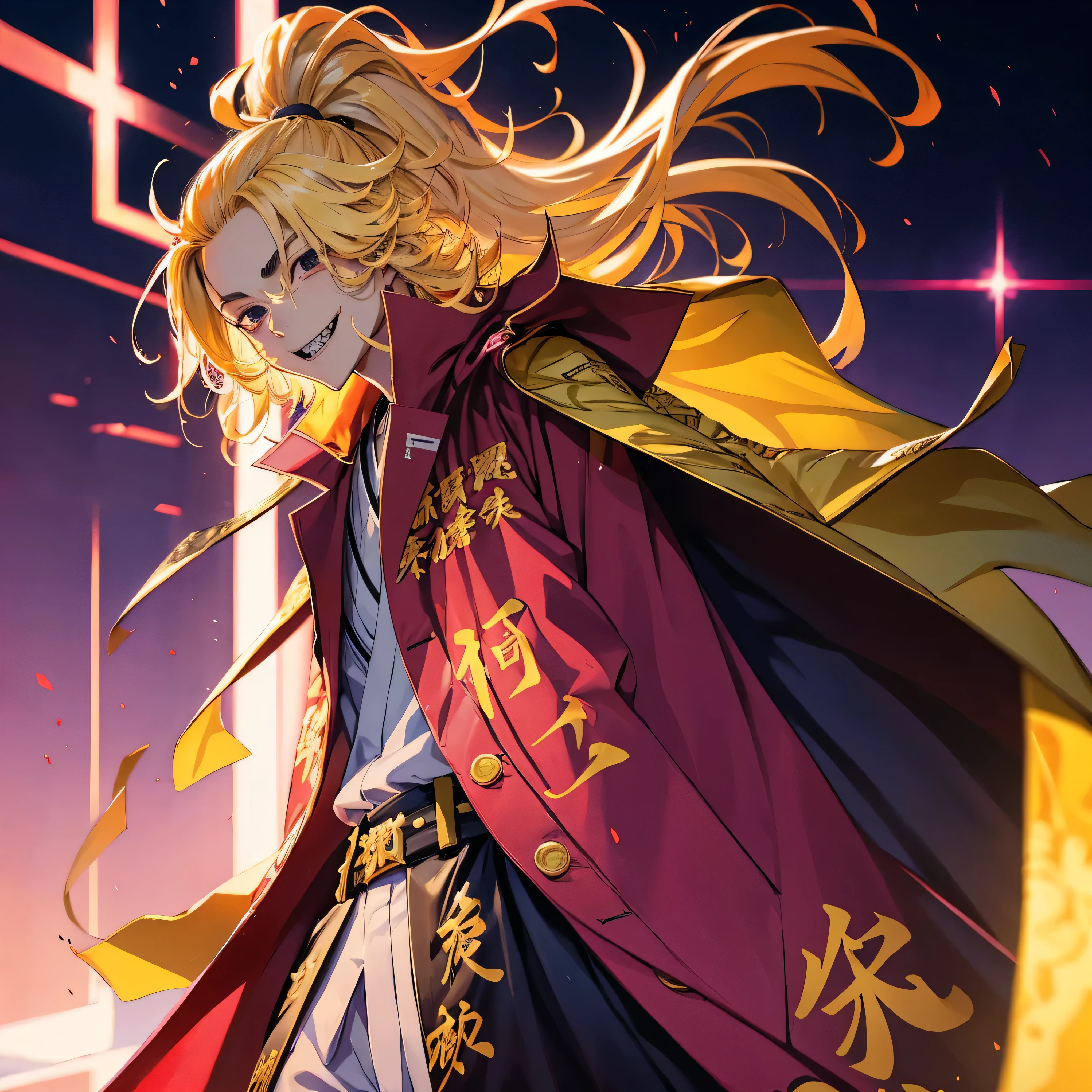 An anime boy with yellow hair, braided into a long ponytail, and also with wavy bangs. Stands with a smile with sharp teeth. Dressed in a pink cloak-coat with inscriptions in Japanese, a bōsōzoku uniform.
Tokyo revengers oc