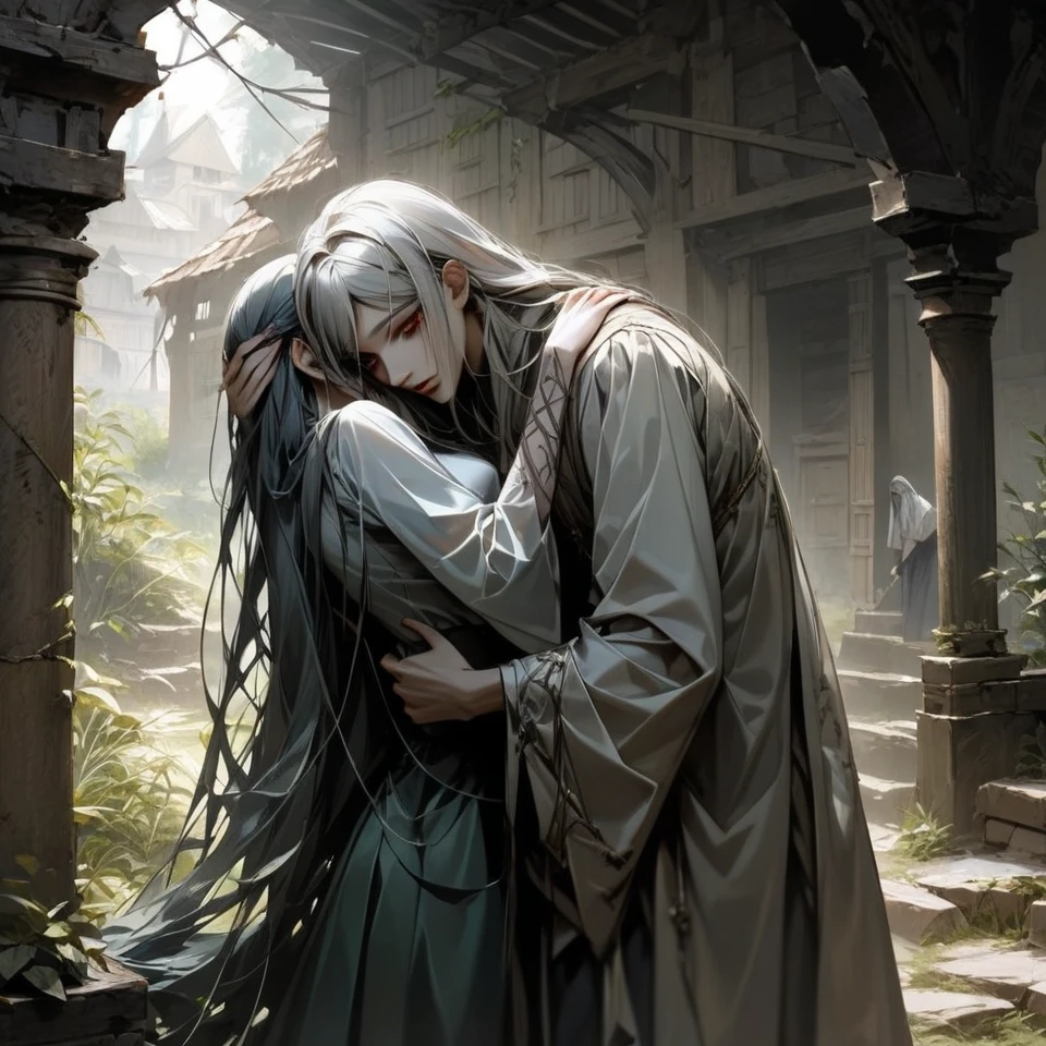 (Masterpiece, Ultra Hd), (Detailed), (Novel Illustrasion) A handsome man with white hair cries blood while embracing a woman with black curly hair who is no longer there who is lying down, Battlefield, a desperate man, a ruined place, burning buildings, chaos everywhere. Noble Clothes. 