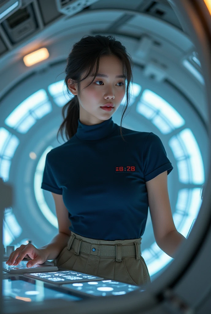 (Small grain:0.5), motion picture,youthful, outer space, serious, detailed eyes, detailed face, Futuristic clothing details, Lights in clothes, (Aim the gun..:1.1), (concealment:1.1), (sideways glance:1.1), volumetric light, solitude, horror, dark light, Red fluorescent profile, Green Fluorescent Profile, Blue fluorescent profile