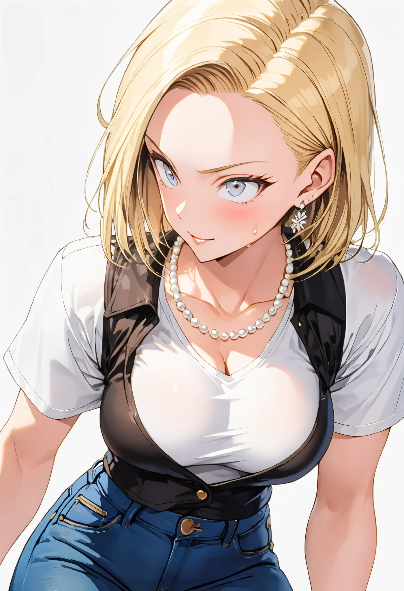 Anime girl with blonde hair and blue eyes in a white shirt（android 18 ...