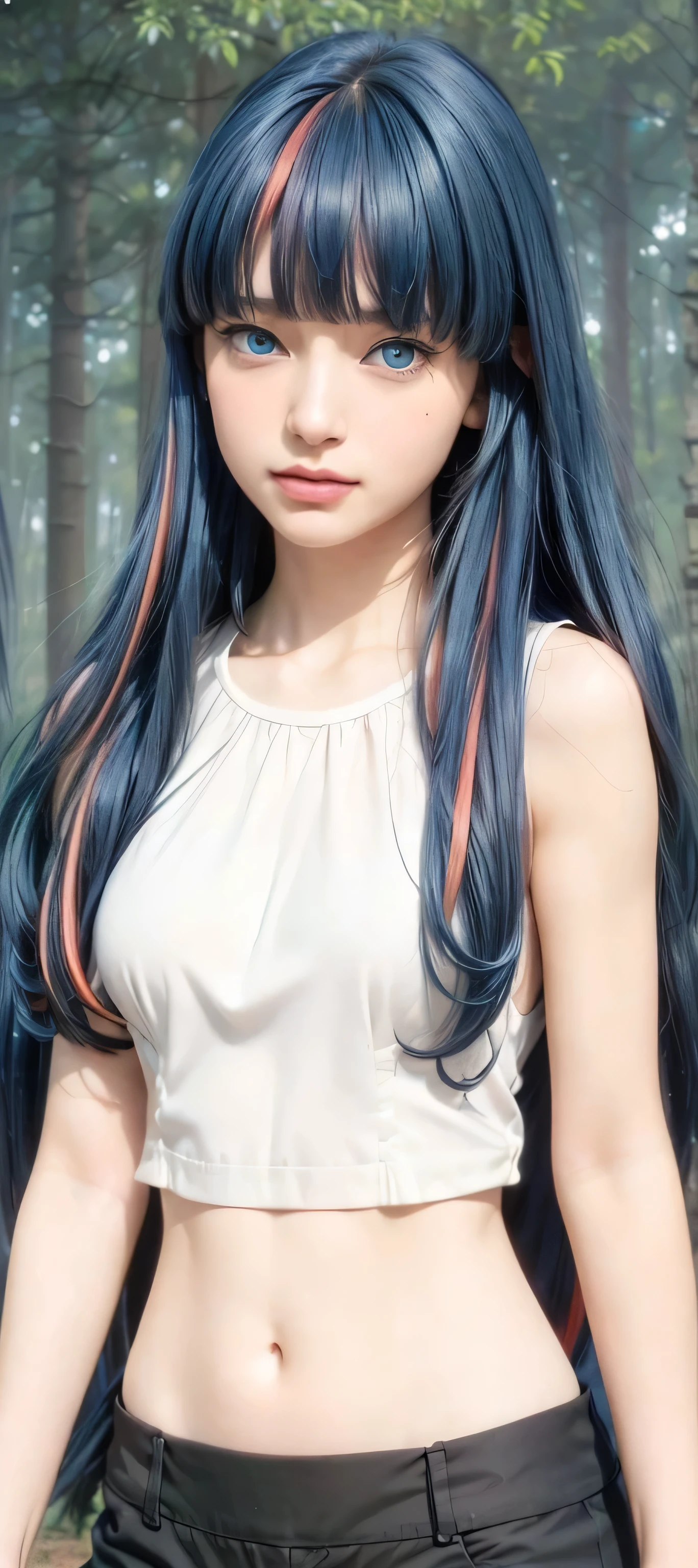 masterpiece, best quality, (realistic,photo-realistic:1.4), (RAW photo:1.2), extremely detailed CG unity 8k wallpaper, delicate and beautiful, amazing,finely detail, official art, absurdres, incredibly absurdres, huge filesize, ultra-detailed,extremely detailed eyes and face,light on face,hanabi hyuuga,(little smile),(multicolored hair:1.4),(long hair:1.4),(blue eyes: 1.5),(forest background:1.5),(small breast:1.3),(blunt bangs:1.3), l(white dress:1.4),tank top,navel