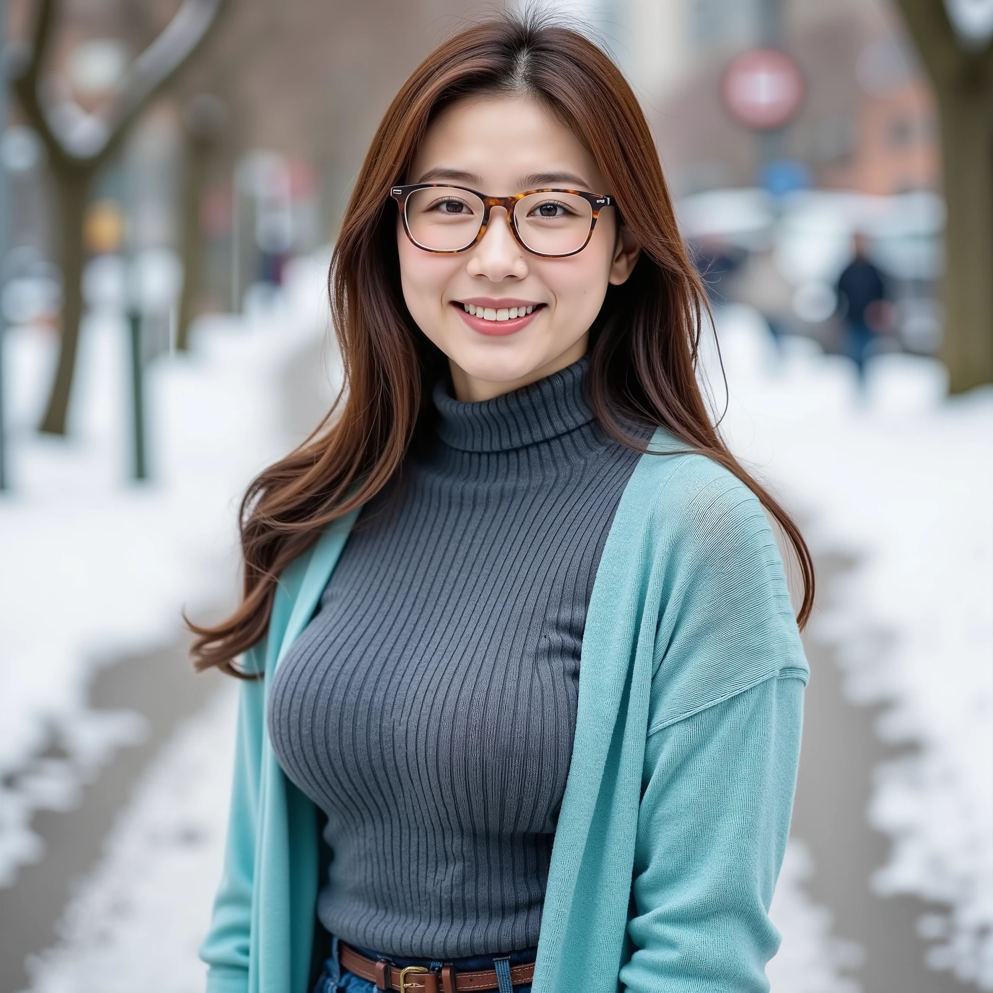 『 1 Japanese girl:1.3』『 real photos:1.3』最 High Quality :1.2、(( big breasts))、 and see a little bit of cleavage 、(( young woman))、(( have red cheeks ))『 smiling with her teeth :1.9』、((( anatomically correct、 Perfect Anatomy、 anatomically correct指)))、 realistic, 最 High Quality , 超 high resolution, RAW photo, (Curvy body)、 high resolution、 High Quality 、 1 girl、 long brown hair、 brown eyes、 heart-shaped eyes 、 brown glasses 、 tanned skin 、Big Breasts、 beautiful breasts 、( big ass)、 beautiful ass in the office、 turtleneck sweater 、 aqua cardigan 、 jeans、 standing、City、Snow trails、