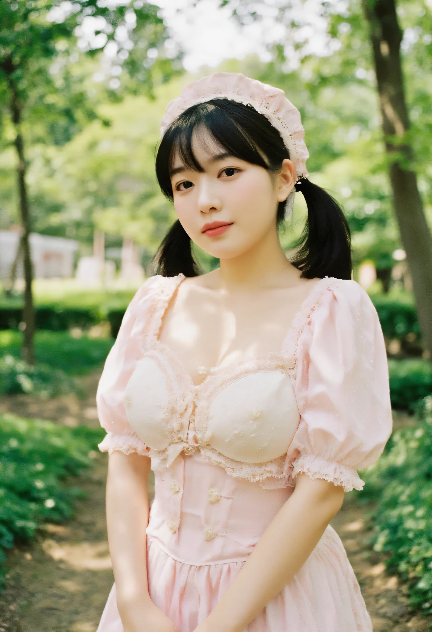 (young primary school girl: 1.5), (extremely enormous soft breasts revealing cleavage: 1.6), (best quality , very detailed, high definition, 8k wallpaper, Perfect dynamic composition: 1) (sunlight, cinematic lighting: 1), (smile happiness: 1), Japanese, (pastel sweet lolita fashion: 1), (intricate elegant sophisticated detailed outfit: 1), (eye contact: 1.3), (extremely soft: 1.3), (standing up), (full body front view), (facing camera straight ahead), (long straight black hair), (low twintails: 1.3), (bangs hairstyle), beautiful garden, (hair ribbon: 1), (pale skin), (round face, babyface: 1.3), (puffy cheeks: 1.3), (softest cotton: 1.5)
