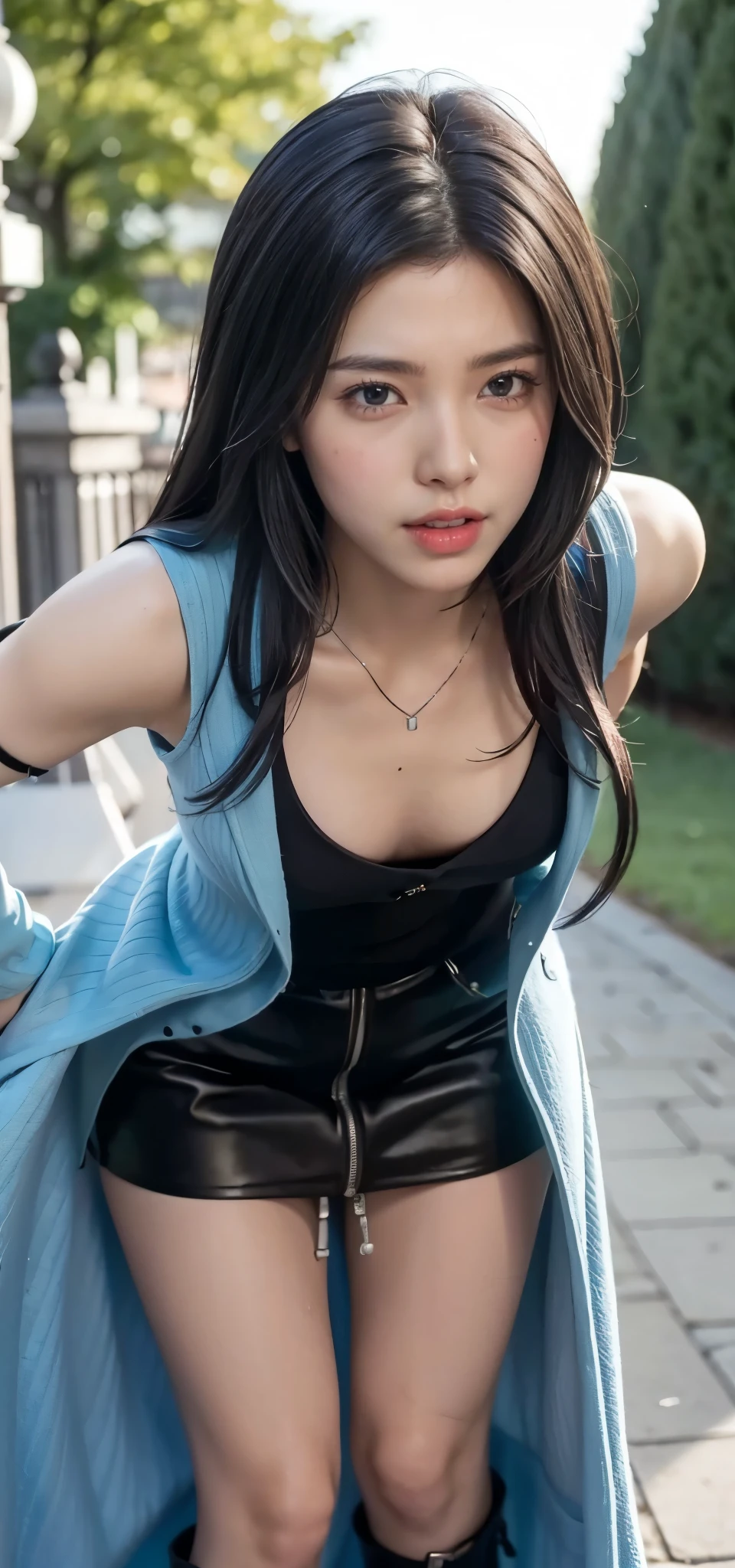 1girl,( leaning forward, hands on hip), facing viewer, BREAK ff7r style, rinoa, arm warmers, (necklace:0.9), sleeveless long coat, light blue coat, black shirt, blue skirt, arm ribbon, boots, (small breasts), (cleavage:0.9), (brown eyes:0.9), aroused, blush, BREAK detailed background, outdoor, BREAK photorealistic, (best quality, masterpiece, UHD, ultra detailed), (beautiful face, shiny skin), (detailed eyes), (perfect anatomy), masterpiece, best quality, ultra detailed, realistic lighting