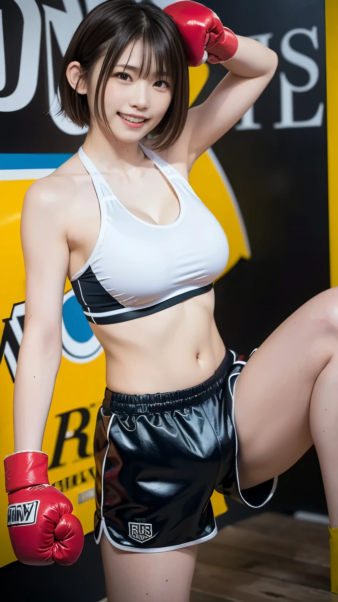 best quality ,masterpiece,Ultra high resolution, high definition RAW color photo , professional photography, natural skin texture , fine skin, hyperrealism, smiles,gigantic breasts,dark blonde short bob hair,(shiny boxer uniform, sports bra, shorts),( advertising poster), Shrimp,(fighting stance,punching)