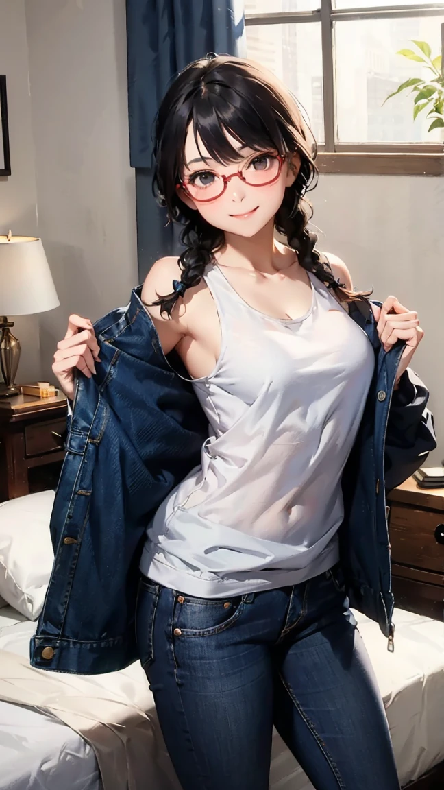 High resolution, Highest quality,  super high quality, Very detailed, 8k、Embarrassing、Sweaty、Sweat、Embarrassing、(masterpiece:1.2, Highest quality), (Realistic, photoRealistic:1.4), Beautiful illustrations, (Natural Side Lighting, Cinema Lighting), View your viewers, whole body, 1 girl, Japanese, high school girl, Perfect Face, Cute and symmetrical face, Glowing Skin, Baby Face, (Black Hair), Hair between the eyes, black eye, Big eyes, Droopy eyes, (Center of chest, Captivating thighs, Big Ass)、(Glasses:1.2)、Play sports frequently、Tight panties