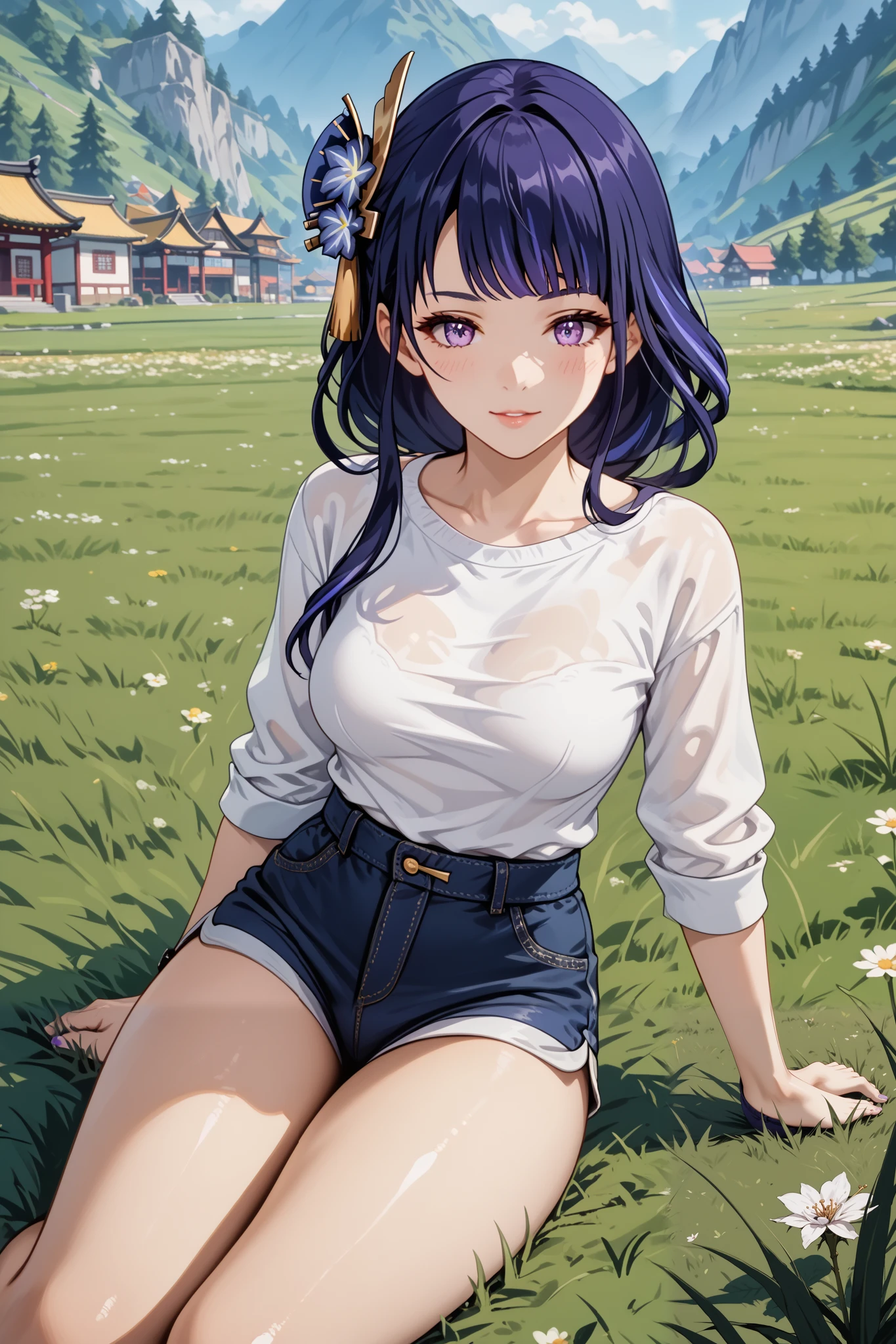 Masterpiece, extremely detailed,4k,solo,1girl,raiden shogun,full body,perfect slim body,(sit down),ambarrased ,long legs ,perfect slim body,large breasts, ((kawai face)),embarassed ekspression,smile,(closed lips), cowboy shoot,((grass)), front look, looking at viewers, white tshirt, ((short pants))