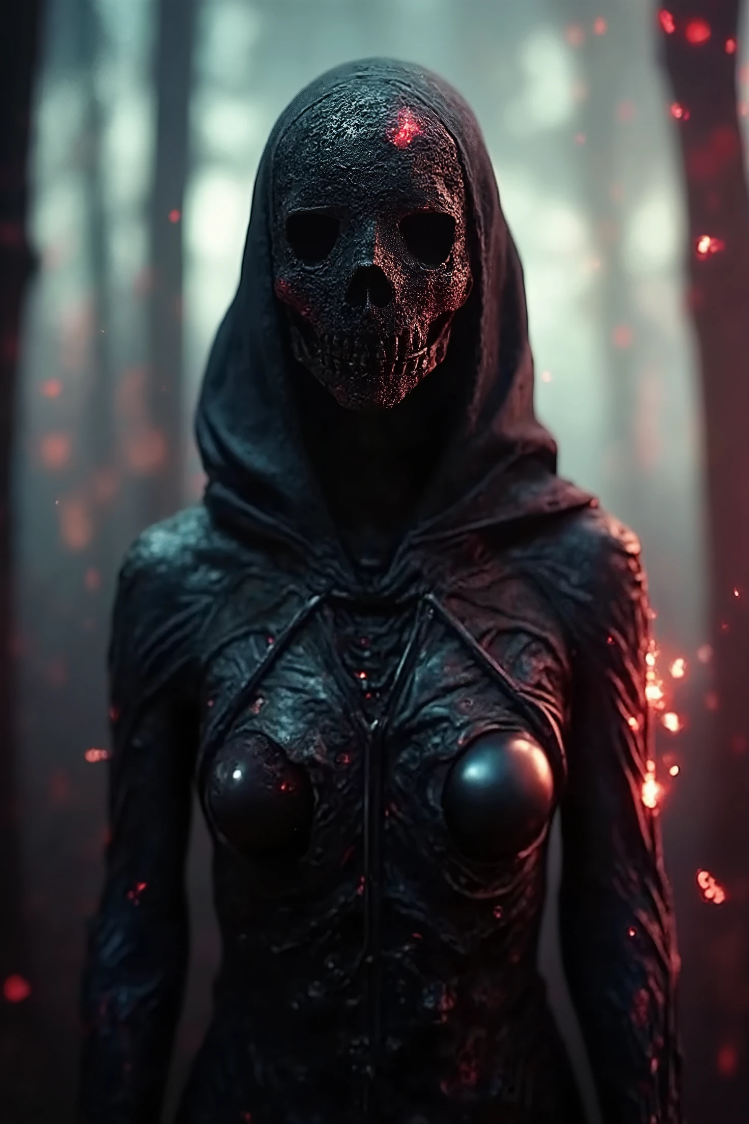 Skullomania, bodysuit,skin tight, red scarf, solo, upper body, standing, pose, large breasts, mask (insanely detailed, beautiful detailed face, masterpiece, best quality) 