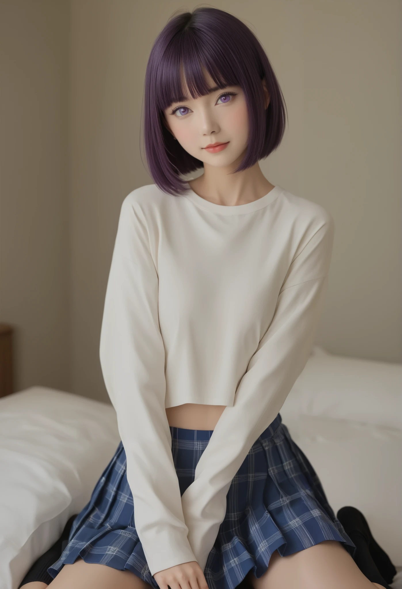 ( top quality、In 8K、32K、masterpiece、 nffs、 Ultra high resolution、 Impressionism 、 photorealistic:1.2)、 very young girl, cute face , very cute, Baby Face, cowboy shot with the viewer's back 、 clear focus 、 detailed faces and eyes、 has sex leaked by morning、 At the library 、background bookcase 、The fleeting girl 、 beautiful faces 、 blurry background、 sharp pupils、Realistic eyes、Schoolyard、 beautiful faces 、 blurry background、Beautiful 18 year old girl、 glowing skin、 bob cut、 beautiful dark purple hair、blunt bangs 、 purple eyes 、 shirt、 Thailand、 Sit on the ground in a plaid miniskirt、 black socks、( wear a skirt 、 Skirts lifted 、 white panThailand visible :1.3)、( embarrassed expression :1.2)、 Sailor Saturn