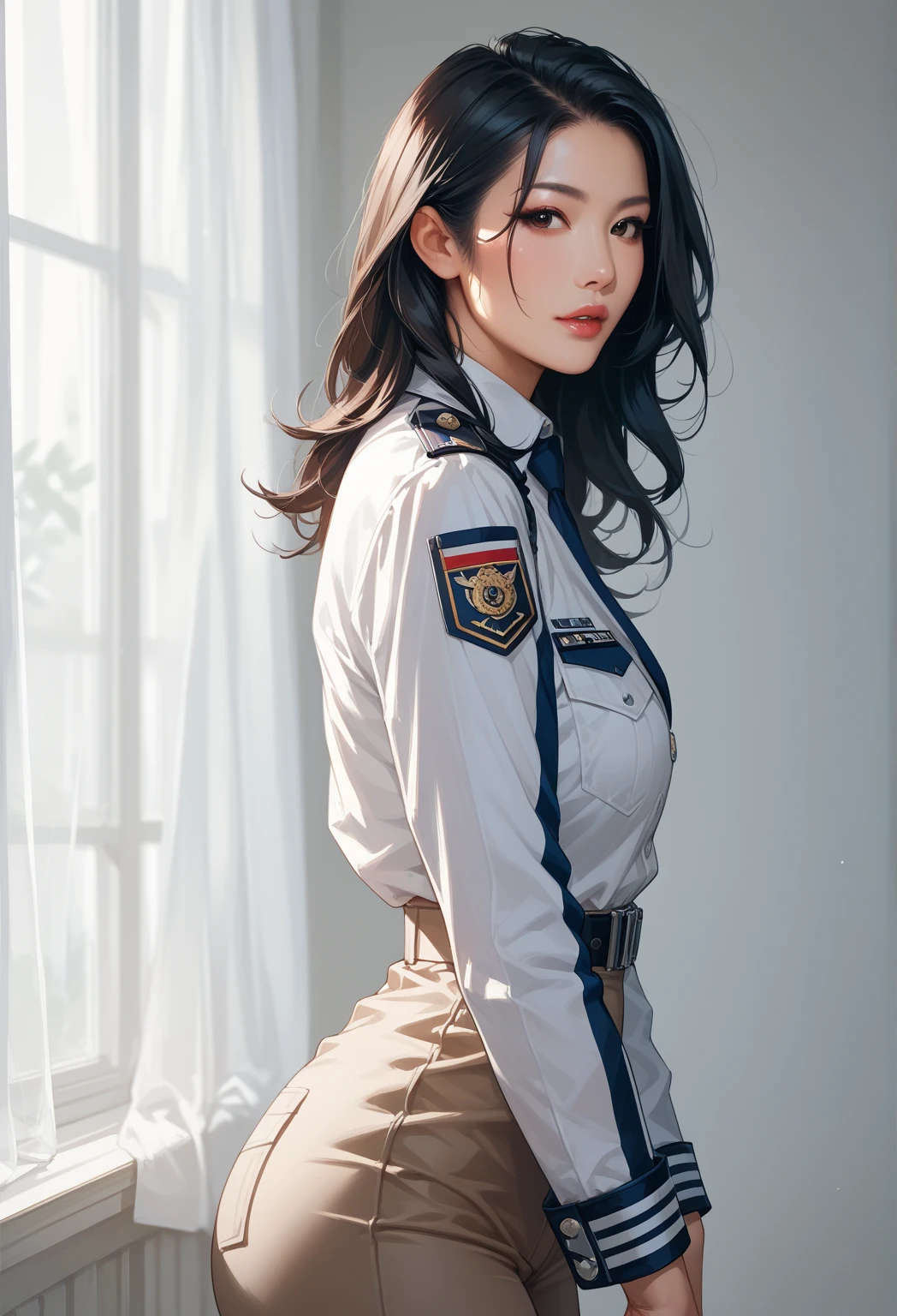 Beautiful North Korean woman, 25 years old, military, cap, uniform, face with determination, original short straight black hair, long eyelashes, beautiful eyes with brightness, surrealism, shadow, stereogram, (photorealistic, realistic: 1.2), POV, atmospheric perspective, cinematic lighting, ray tracing, 8k, super detail, best quality, masterpiece, well detailed, (Canan EOS R6, 135mm, 1/1250s, f/2.8, ISO 400:0.9), weapons, neckline, back,  Round Ass, North Korea.
