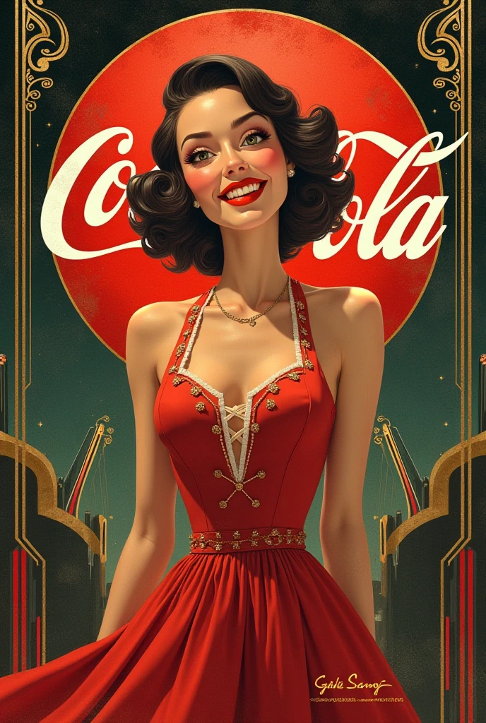 coca cola advert real magic as always five cents, inspired by Dorothy Coke, coka-cola advertisement, a woman (Adriana Lima :1.1) red lips, green eyes, drinking a bottle of coca-cola, soda themed girl, inspired by Evaline Ness, retro poster, retro ad, film noir realistic, in style of digital illustration, promotional poster, inspired by Rolf Armstrong, in style of campbell addy, in style of digital art