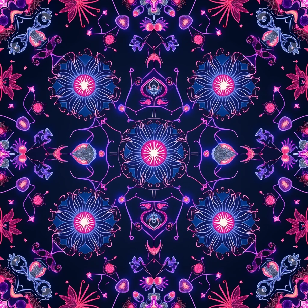 A surreal and disturbing kaleidoscopic pattern inspired by trypophobia, featuring multiple layers of small, closely-packed holes resembling those found in lotus pods. The holes are arranged symmetrically in intricate, repeating patterns, creating a mesmerizing yet unsettling visual effect. The colors include a vivid mix of bright reds, deep blues, and electric yellows, with the holes appearing dark and glossy. These vibrant hues contrast sharply with the organic, unsettling texture of the holes. The kaleidoscope effect multiplies the patterns, making the image appear as if it is swirling and pulsating with a vivid, eerie energy. The overall effect is both hypnotic and deeply unsettling, combining the allure of bright colors with the discomfort of trypophobia.