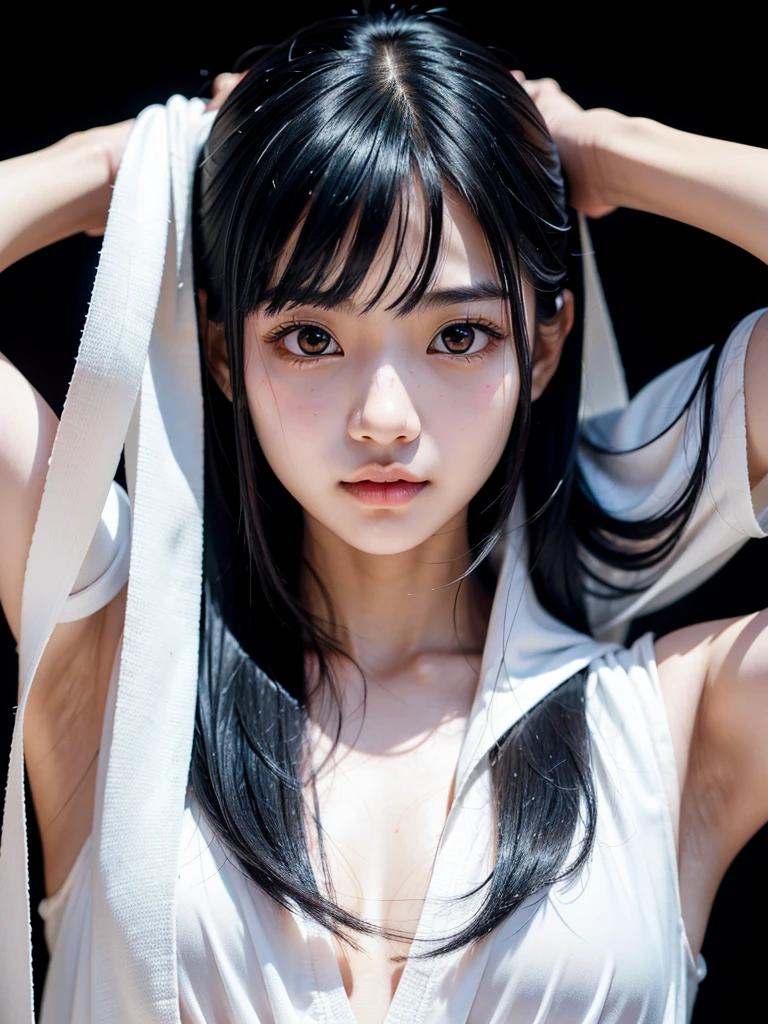 pretty, young, girl, long hair, black hair, red color eyes, bangs, white shirt, sleeveless, white collar, black tie, large breast, black gloves, upper body, white skin, 15 year old, beauty, 1 girl, intimidating, look put hands behind head, armpits, armpits visible, sweaty armpits, armpits very sweat, school backround