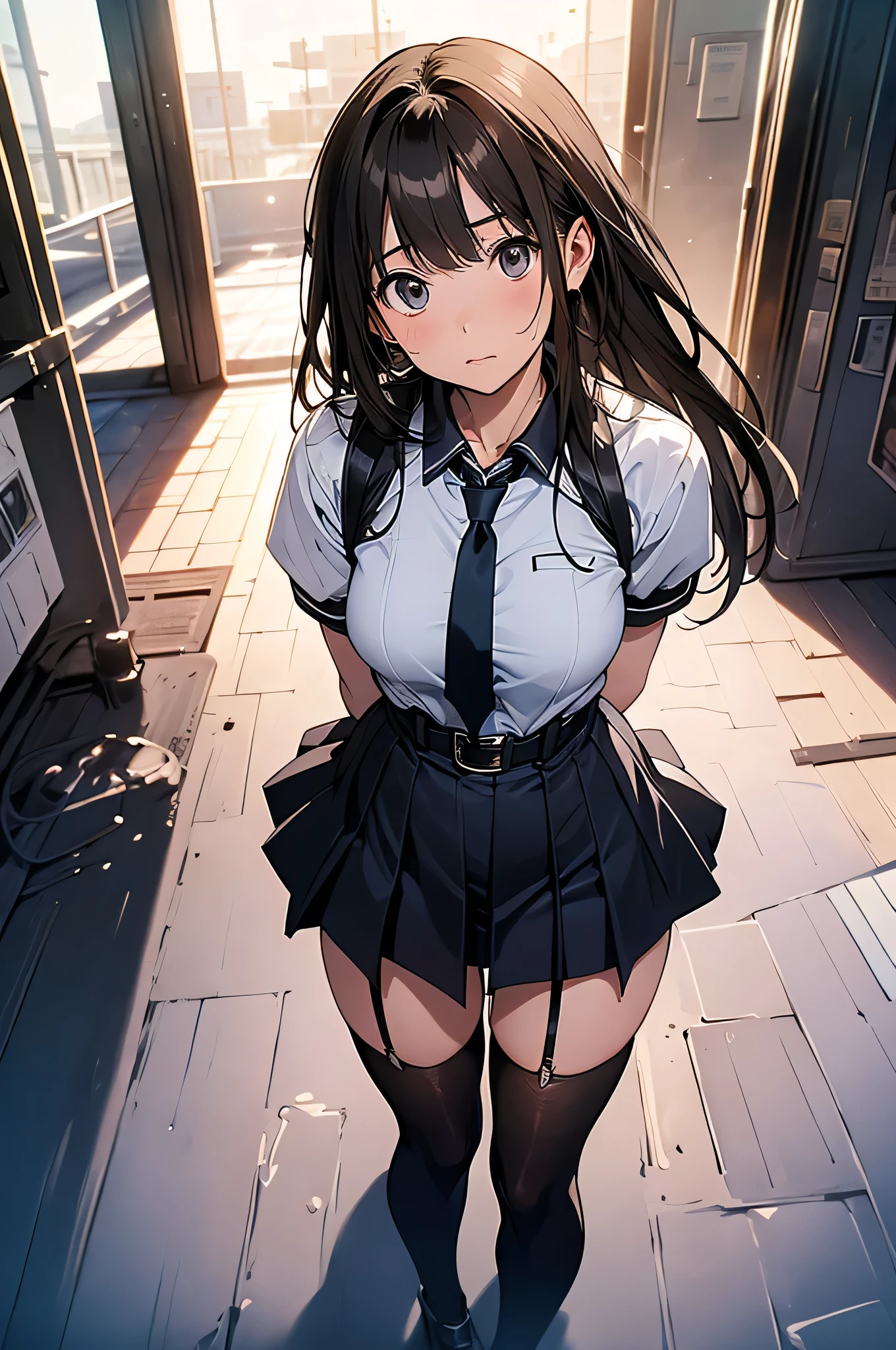 (masutepiece:1.2), (Best Quality:1.2), (Extremely detailed:1.2), Cowboy Shot, 1girl in,medium hair ,Light wavy black hair, brown-eyed、 high-school uniform, Black skirt, knee high stockings, Smirk, Standing, black thong, skirt rift, Lift skirt, shushing, school hallway,(24 year old、White T-back)