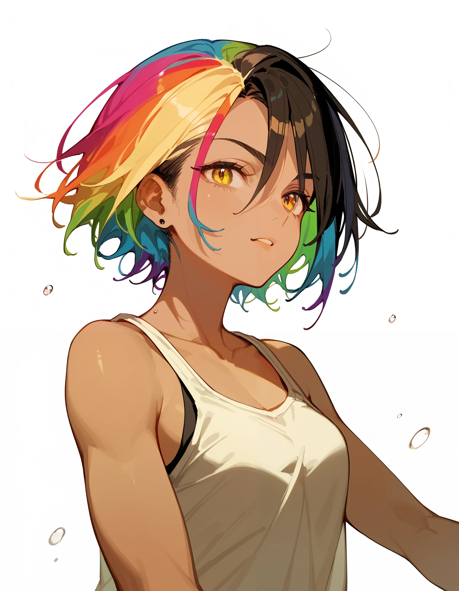  girl,  short hairstyle, Rainbow hair,  colorful hair , rainbow colored hair, Daring, white tank top and black top looks,  white background,  dynamic pose 
