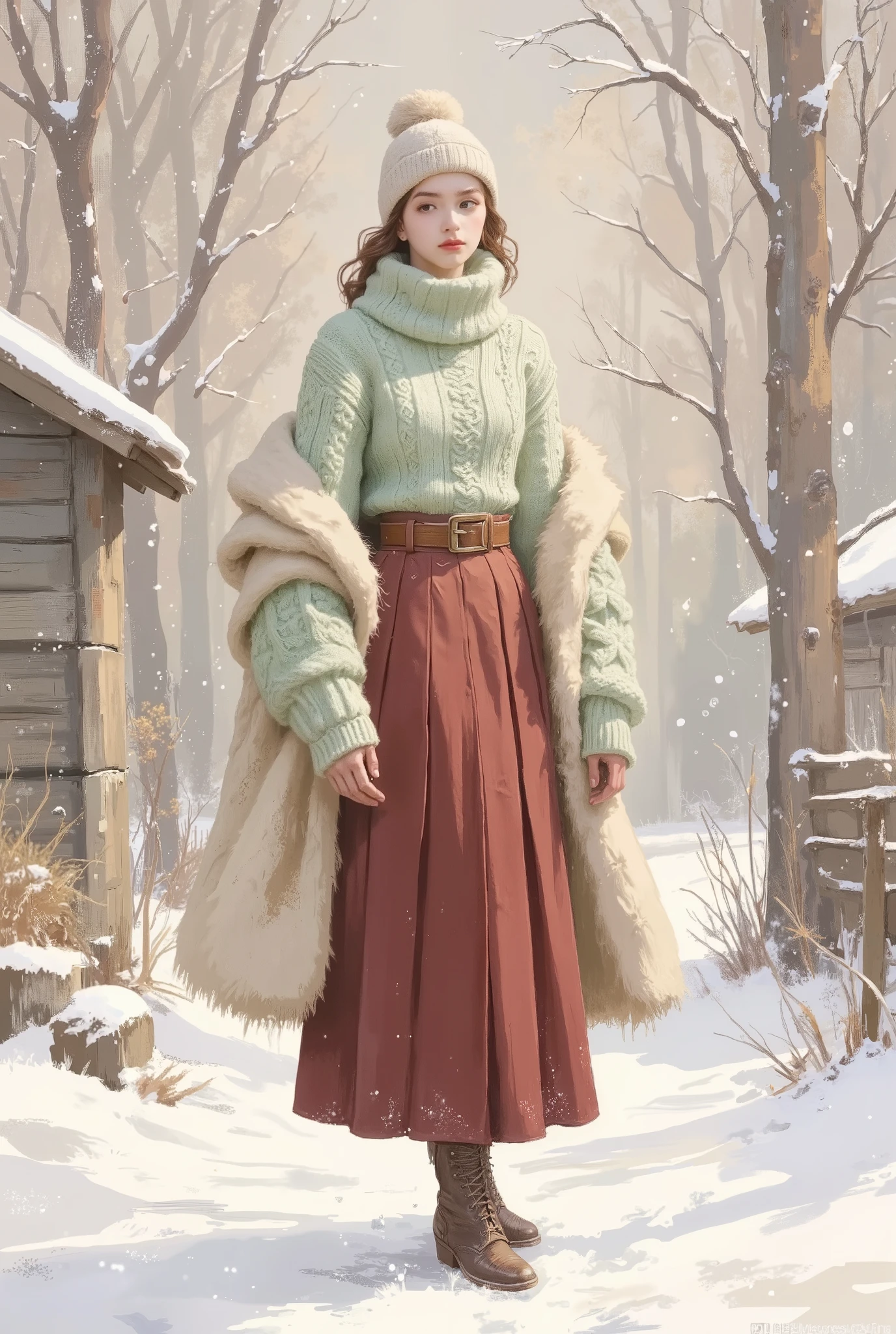A highly detailed full-body fashion illustration of a young woman standing confidently in a snowy village. She is dressed in a cozy turtleneck sweater in soft pastel green with intricate cable knit patterns, tucked into a sleek high-waisted pleated midi skirt in deep red. The outfit is paired with knee-high leather boots, a belted wool coat, and a chunky knit scarf. She accessorizes with leather gloves and a beanie with a fluffy pom-pom. The soft, golden lighting enhances the textures of the fabrics while highlighting her serene expression and the details of the snow-dusted environment.