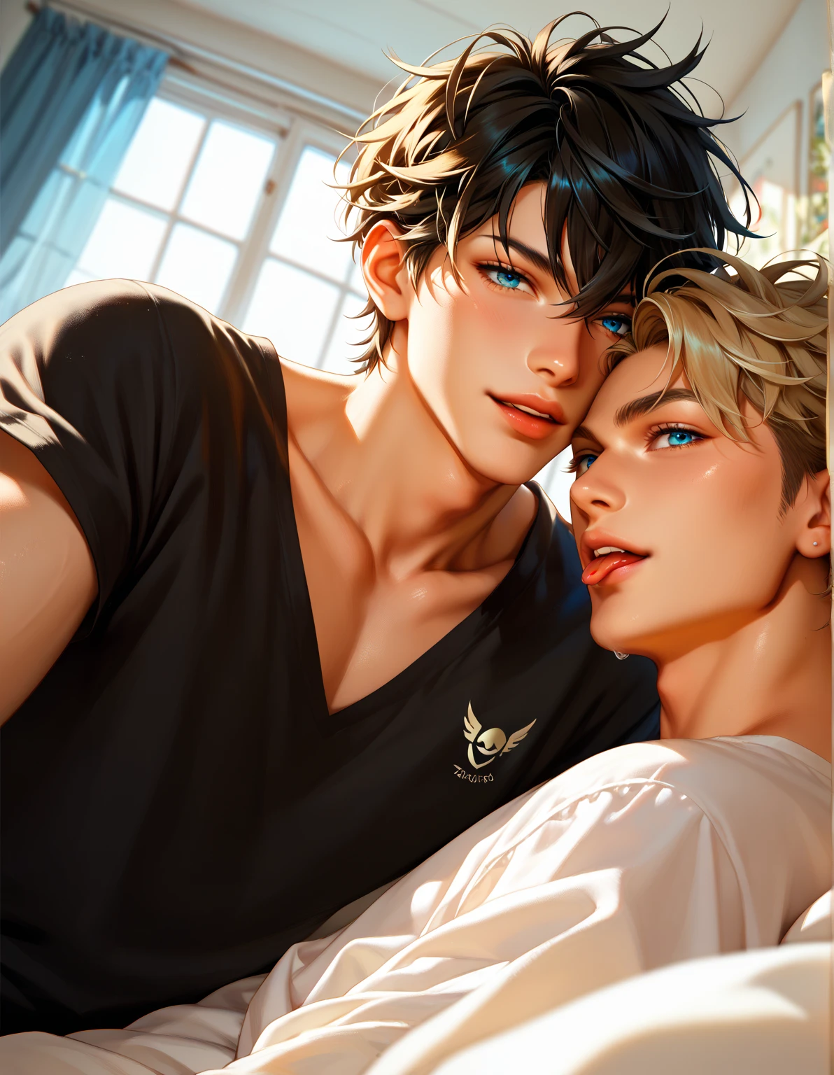 two gay boys about 18 years old who are a couple, Se miran apasionadamente en una sauna de madera., their bodies are full of sweat, no se ven sus partes se las cubren con sus manos, They are covered with a white towel.