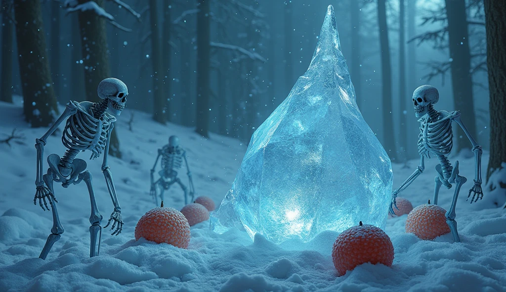 The skeletal remains of animals are scattered all over the scorching hot earth, where flames are dancing. , Inside the hemispherical dome, snowmen are playing happily in the snowy scenery.,