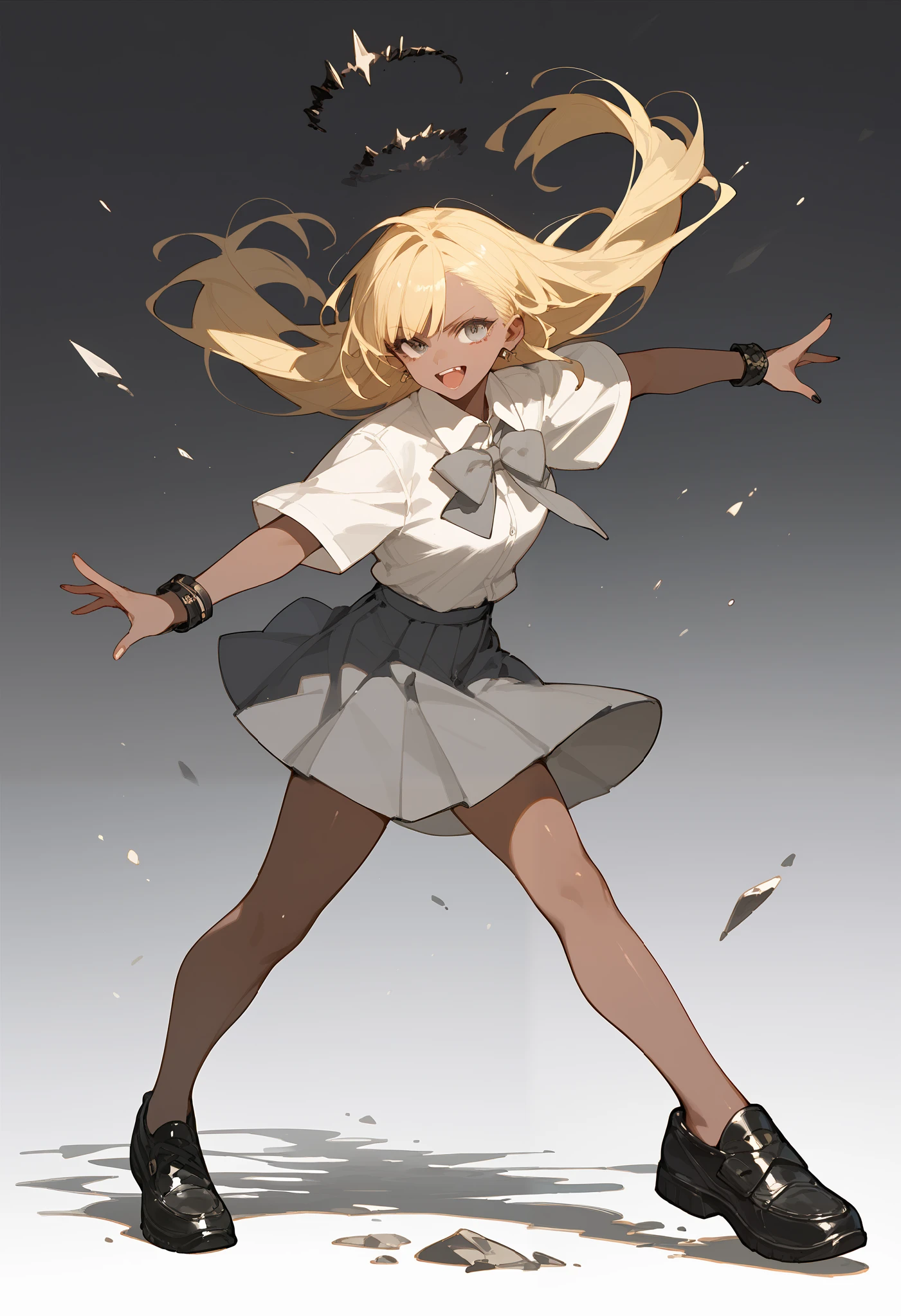 girl, , white shirt , gray skirt, grey bow , black shoes, dark skin, blonde , dynamic pose ,