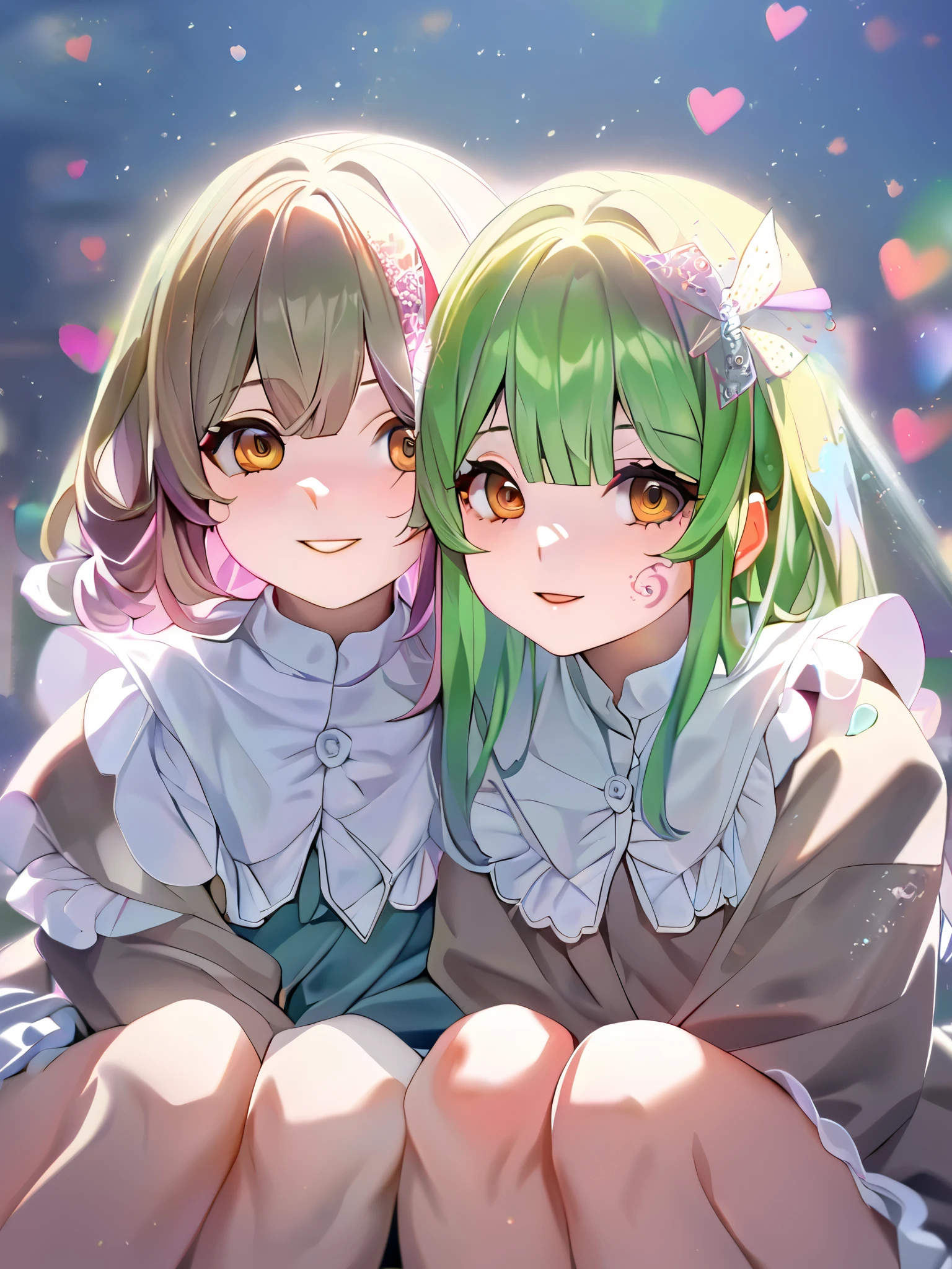 cute twin 18 year old girls, green medium hair,, big brown eyes, superlative body proportion, twins fashion, wearing white baggy frilly clothes, covered in tattoos, they sit together, snuggled up to each other and rub their faces together happily, background pastel colored dots and hearts, shading effects, gradation magic effects, foggy filter effects, glitter effects, (ultra detailed, absolutely resolution, best quality:1.3), 2.5D, delicate and dynamic, artistic photography, hyper realistic, graphic CG