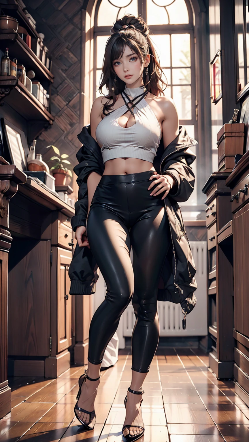 A room in the ruins of a reinforced concrete building、Litter scattered、A folding chair in the middle of the room、A woman sits on a metal chair、slouch、24 year old Caucasian female、Silver Hair、Shortcuts、Short leggings、High neck tops、No sleeve、short boots
