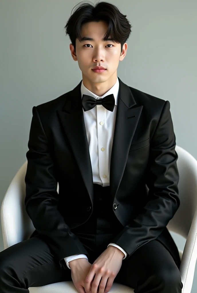 I want a Korean guy about 25 years old, pale skin, amber eyes, cabello negro, y con un traje negro Desnudo