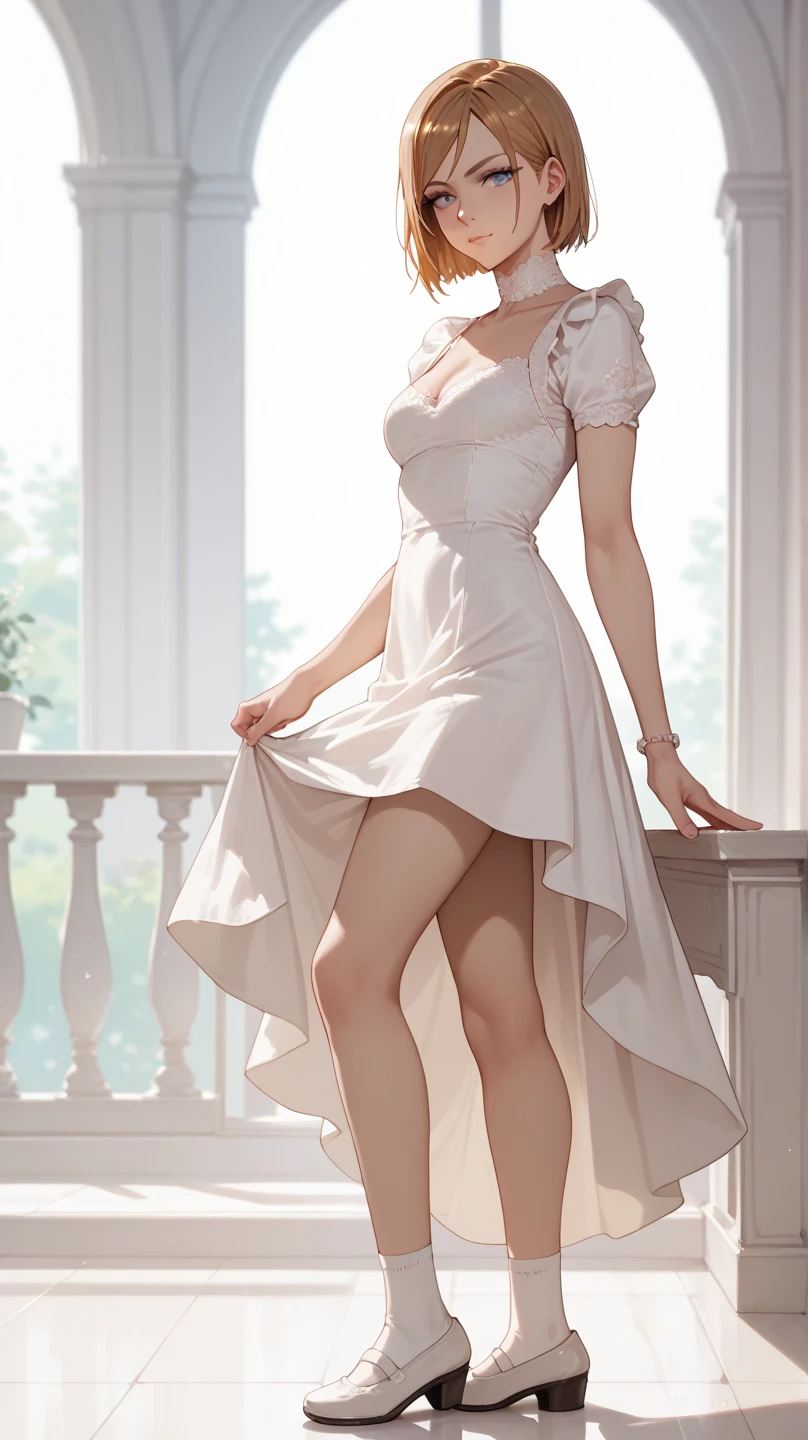 (Realistic:1.5),(raw photo:1.4), (photorealistic:1.3),(masterpiece), best quality, highest quality, extremely detailed CG unity 8k wallpaper, detailed and intricate, original,highres, [:(detailed face:1.2):0.2],film grain, Fujifilm XT3, (high detailed skin:0.9), 8k,(ulzzang-6500:0.9), balcony, show by rock!!, light smile, cleavage, detailed gradient background, full body, sunlight,slim body,beautiful dress,beautiful hand shape, full body