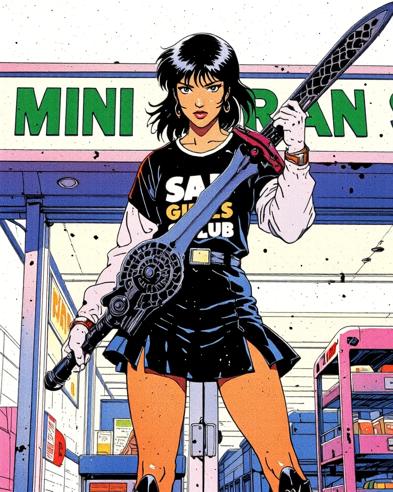 girl noodle gorillaz style, braided black hair, silver necklace with cross pendant, mechanic glove on the left hand, faded red, low-cut white top, red panties, arms and legs with dirt stains, shotgun in the right hand, cyberpunk image style