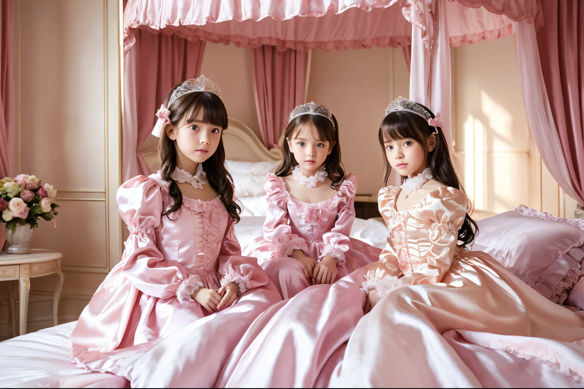 highest quality, masterpiece, highest resolution, artwork, super be familiar with, many detailed, detailed, be familiar with, woman, ,the girl is a princess,pink victorian dress,long sleeve,long dress,Dress with lots of frills and ribbons,luxury,the girl is in the bedroom,Huge pink canopy bed in the back,Frill curtains,Ruffled pillows,ruffle bed skirt,Fluffy futon,Plush pillow,