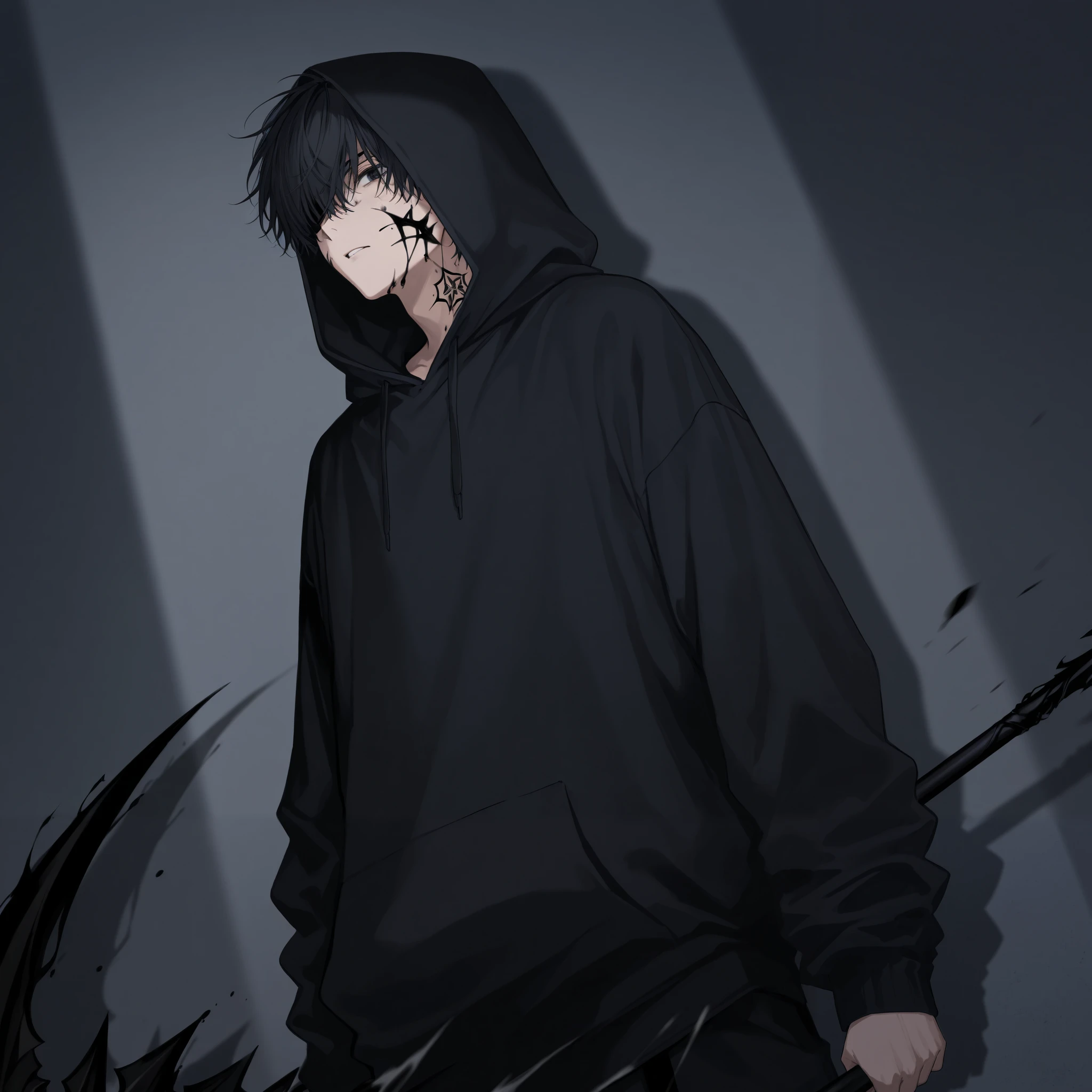 A man with half of his face covered in black ink,black hoodie,Shadow spear weapon