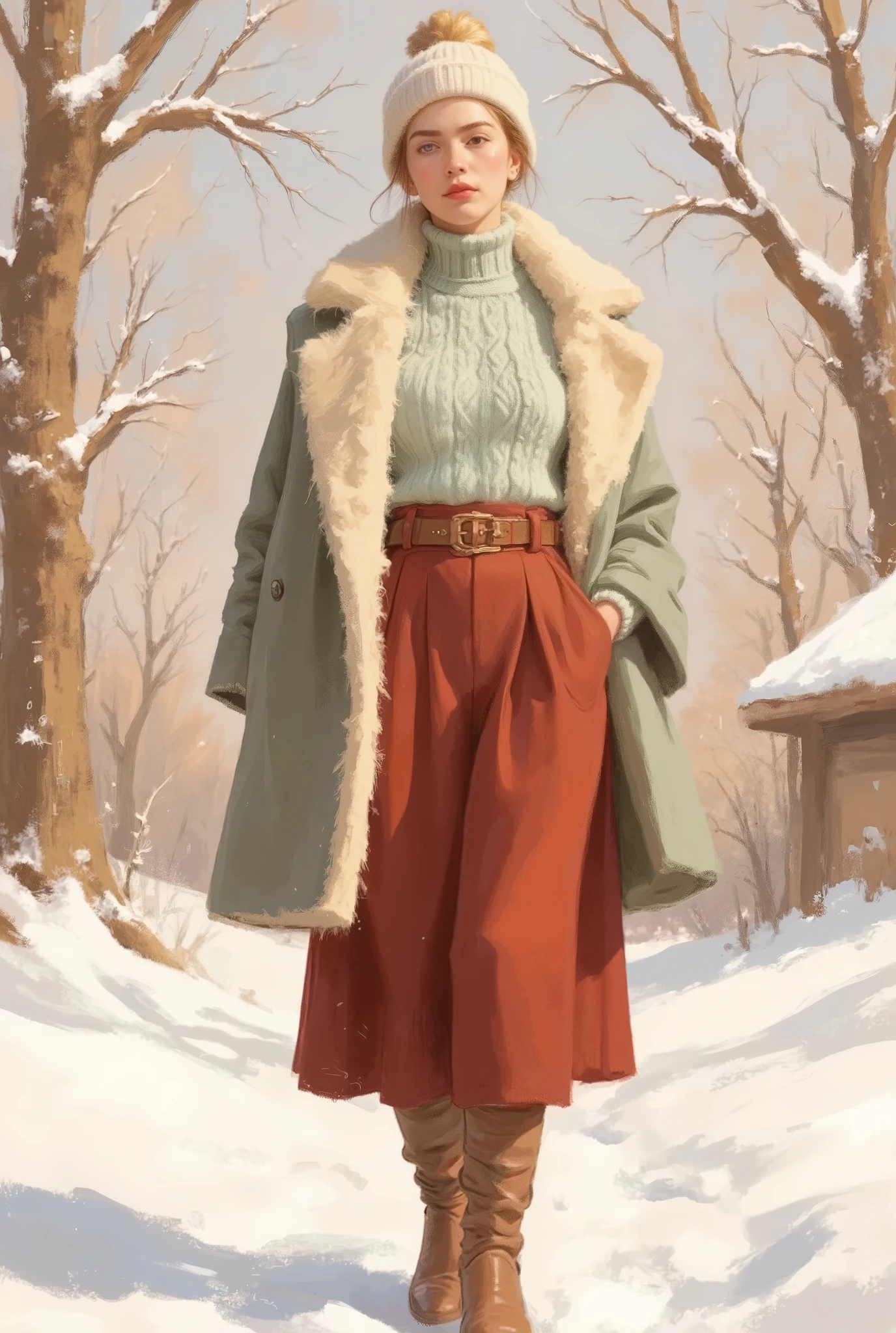 A highly detailed full-body fashion illustration of a young woman standing confidently in a snowy village. She is dressed in a cozy turtleneck sweater in soft pastel green with intricate cable knit patterns, tucked into a sleek high-waisted pleated midi skirt in deep red. The outfit is paired with knee-high leather boots, a belted wool coat, and a chunky knit scarf. She accessorizes with leather gloves and a beanie with a fluffy pom-pom. The soft, golden lighting enhances the textures of the fabrics while highlighting her serene expression and the details of the snow-dusted environment.