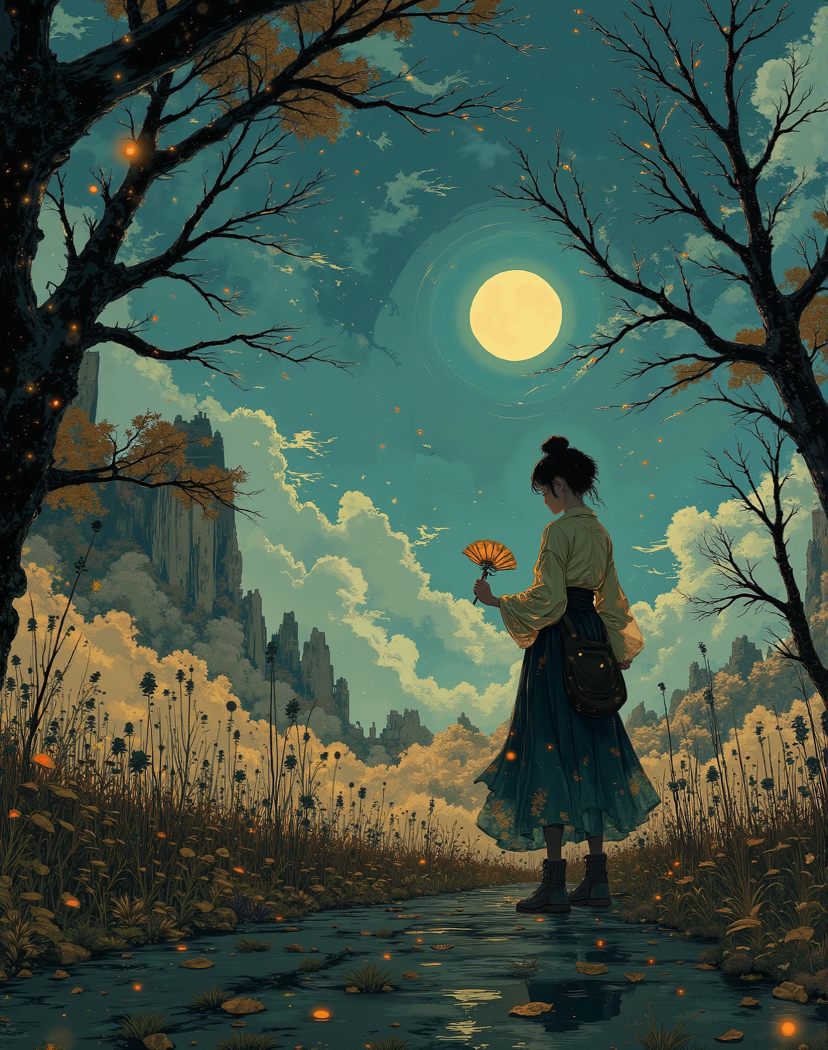 The warm colors of its surroundings are mixed Cosmos {x} meditative and cinematic scene of a young woman with short blond hair , captures the perfect balance of . 's cool hues , vivid colors shine brightly , blends seamlessly with 、Surrounding trees々's silhouette and faintly illuminated house 々It enhances depth and mystery . The wonder of sitting on a quiet country road under a spectacular starry sky , The Milky Way curves above her head . This image is、 emphasizes the harmony between the human figure and the vast universe , tranquility, and self-reflection.
(Masterpiece, top quality, best quality , Official Art, beautiful and aesthetic :1.3),( 1 girl:1.3), Extremely Detailed, colorful , Best Details ,(( ULTRA DETAILS)),( highly detailed CG illustration),(( extremely delicate and beautiful )),