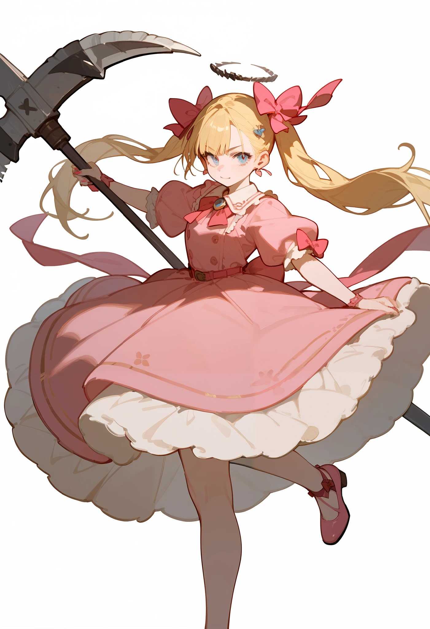 girl, blonde , pink dress, Big skirt, fluffy dress, bows, huge pink axe, dynamic pose , white background.