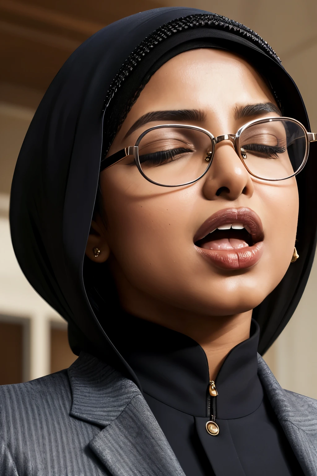 1girl ,muste piece,,Award-winning photo, Extremely detailed, (woman priyanka chopra with open mouth and closed eyes ), 20 years old、black hair、glasses,shiny skin、Close-up of face,from below、Realistic nostrils、tounge out ,elongated nasal passages,、house、(Inside the house)、congestion、Are standing、((hijab business suit))、big breasts、(sharp nose)grimacing expression,#concept, priyanka chopra shiny teeth,expression,facial expressions,grimacing, one boy liking breast,featuring an intimate, indoor scene with two age boys. The subject is a middle-aged woman, likely of Indian descent, with a white skin tone, and a well-defined facial structure. She is dressed in traditional Indian attire, wearing a silver shiny silk sleevless deep low neck bra and a glossy reflective black saree, Voluptuous-body, Her hair is neatly pulled back into a low big bun. ,two young boy stading on both side of woman and hugging and kissing her from both side. Side view of woman The boys wearing a black shorts only,The background reveals. The lighting is soft, enhancing the emotional intensity of the moment captured.full length image,side view only,
