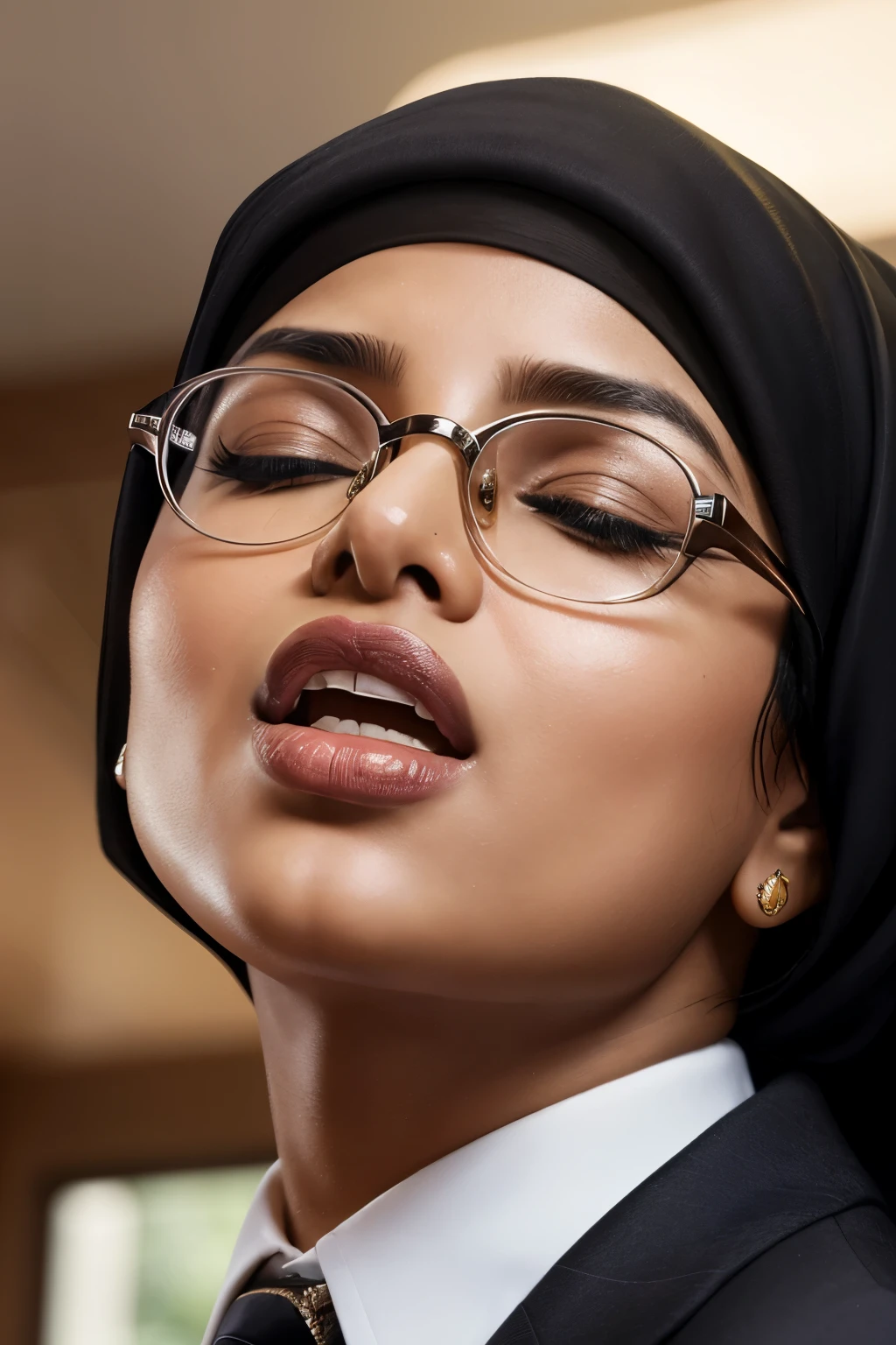 1girl ,muste piece,,Award-winning photo, Extremely detailed, (woman priyanka chopra with open mouth and closed eyes ), 20 years old、black hair、glasses,shiny skin、Close-up of face,from below、Realistic nostrils、tounge out ,elongated nasal passages,、house、(Inside the house)、congestion、Are standing、((hijab business suit))、big breasts、(sharp nose)grimacing expression,#concept, priyanka chopra shiny teeth,expression,facial expressions,grimacing, one boy liking breast,featuring an intimate, indoor scene with two age boys. The subject is a middle-aged woman, likely of Indian descent, with a white skin tone, and a well-defined facial structure. She is dressed in traditional Indian attire, wearing a silver shiny silk sleevless deep low neck bra and a glossy reflective black saree, Voluptuous-body, Her hair is neatly pulled back into a low big bun. ,two young boy stading on both side of woman and hugging and kissing her from both side. Side view of woman The boys wearing a black shorts only,The background reveals. The lighting is soft, enhancing the emotional intensity of the moment captured.full length image,side view only,