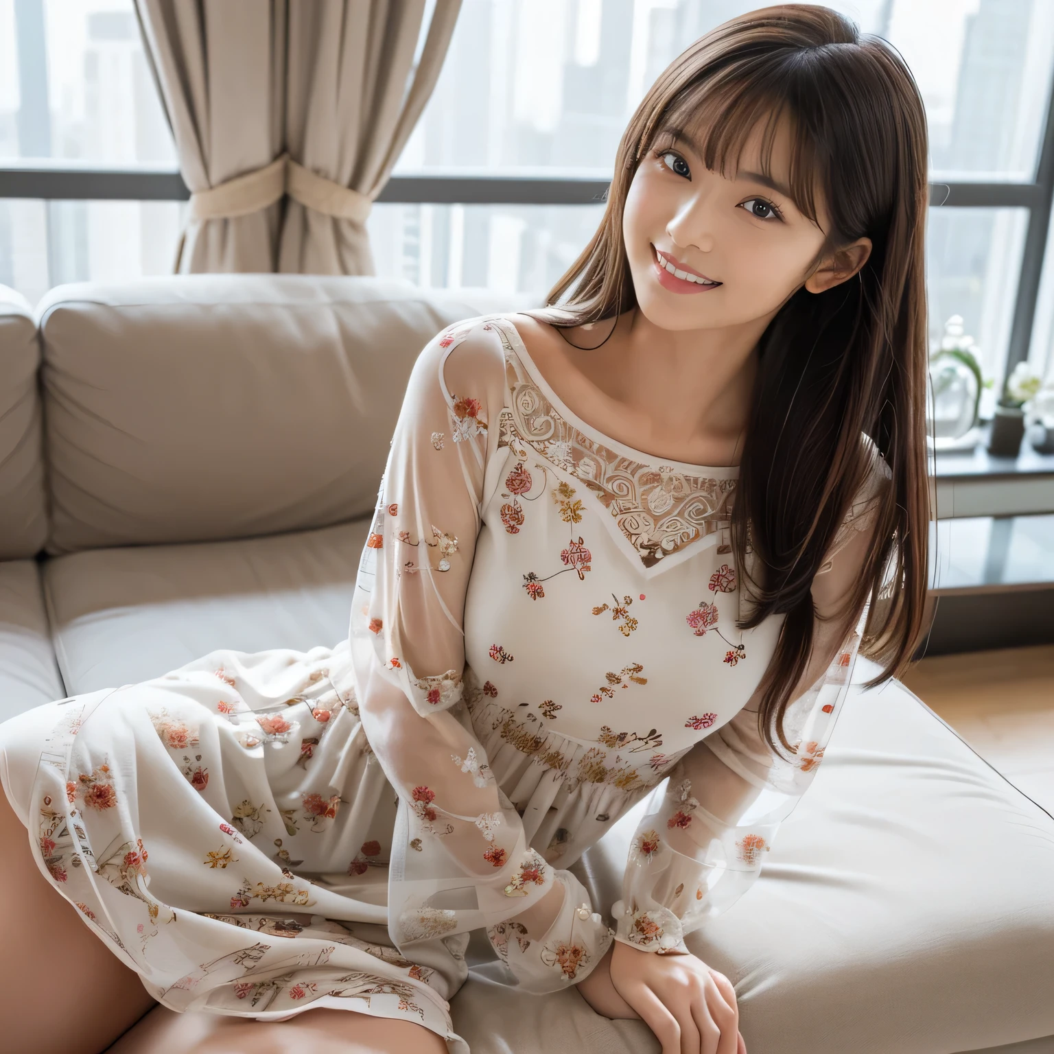 ( features a gentle and gentle expression :1.3), ( full body shot :1.3), ( Panorama :1.0), movie lighting, (( best quality )), ( RAW photos , best quality ), ( realistic:1.4), realism, masterpiece, so delicate and beautiful, very detailed on trends, 4k wallpaper, wonderful, finely, very detailed on trends CG unity 8k wallpaper, very detailed on trends, high resolution, soft light , Japanese, (one shot:1.9), (22 years old:1.6), (Round face:1.2), (Fat:0.8), ( very neat woman, A very pure woman:1.7), BEAUTIFULLY DETAILED WOMAN , with famous Japanese actresses , detailed face, finelyて美しい目, very detailed on trendsな目と顔, beautiful eyes and a beautifully detailed nose , ultra-high definition shiny lips , ( straight hair:1.4), shiny hair, Shiny Hair, tea hair, (bangs:1.4), toned body, (smile:1.4), glossy and moisturized lips , natural makeup, (LET IT GO, Small floral pattern, Kinari, Stylish long sleeve dress , long dress :1.6), ( Extremely Intricate and Exquisitely Decorated Dress:1.3), emphasizes body line , (High floorsのマンションのスタイリッシュなリビングルームで寛いでいる:1.4), (Outside the big window, I'm relaxing in the living room of a high-rise apartment :1.9), (High floors, big window, stylish large living room background:1.4),